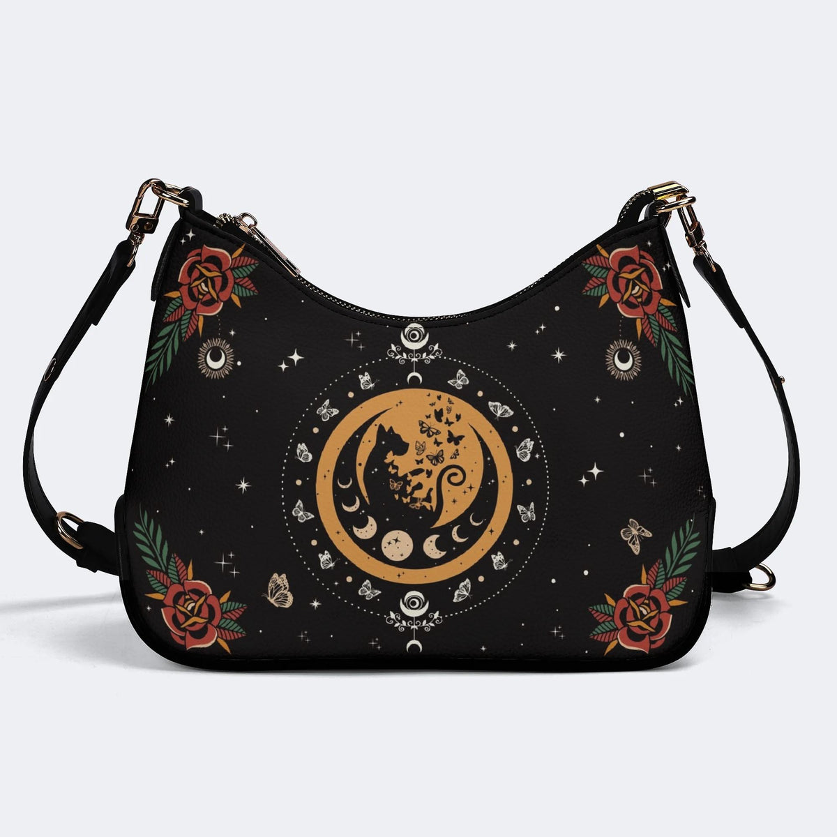 Dark Retro Moon Cat And Moth Print - Leather Crossbody Bag