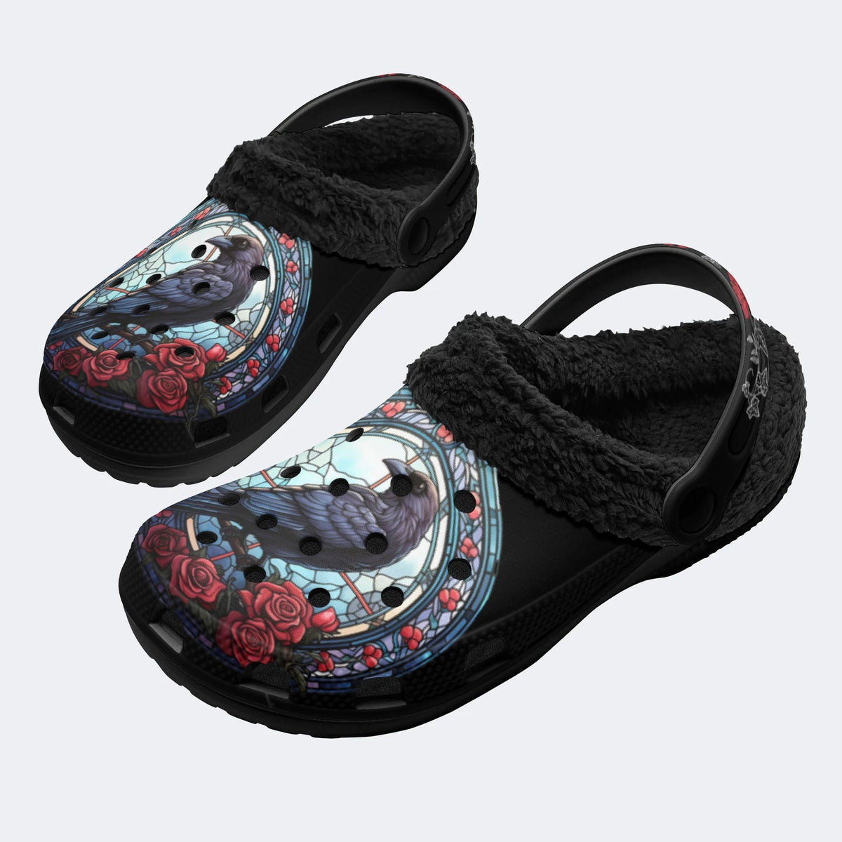 Vintage Crow Print - Fur Lined Slippers/Sandals