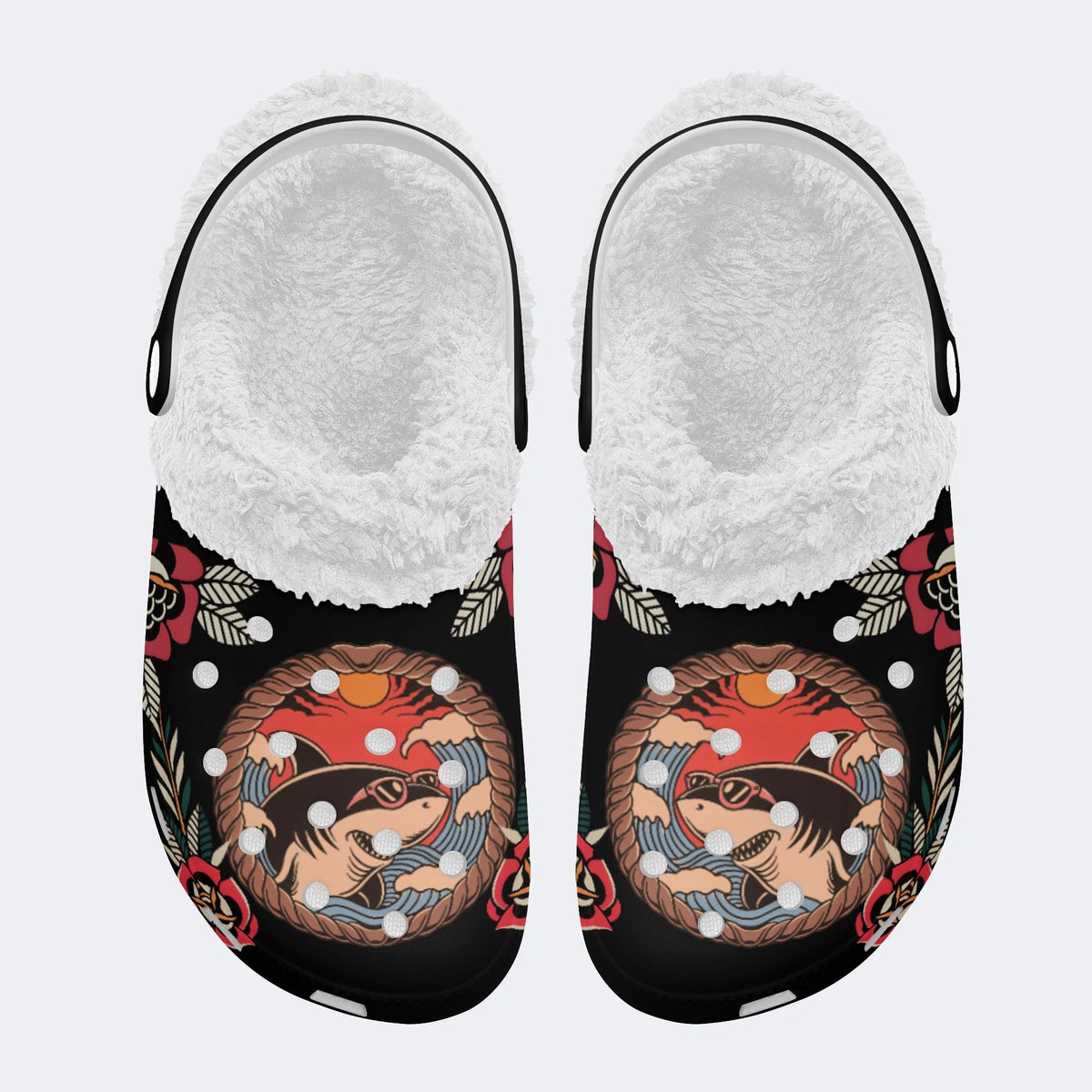 Old School Shark Tattoo Print - Fur Lined Slippers/Sandals