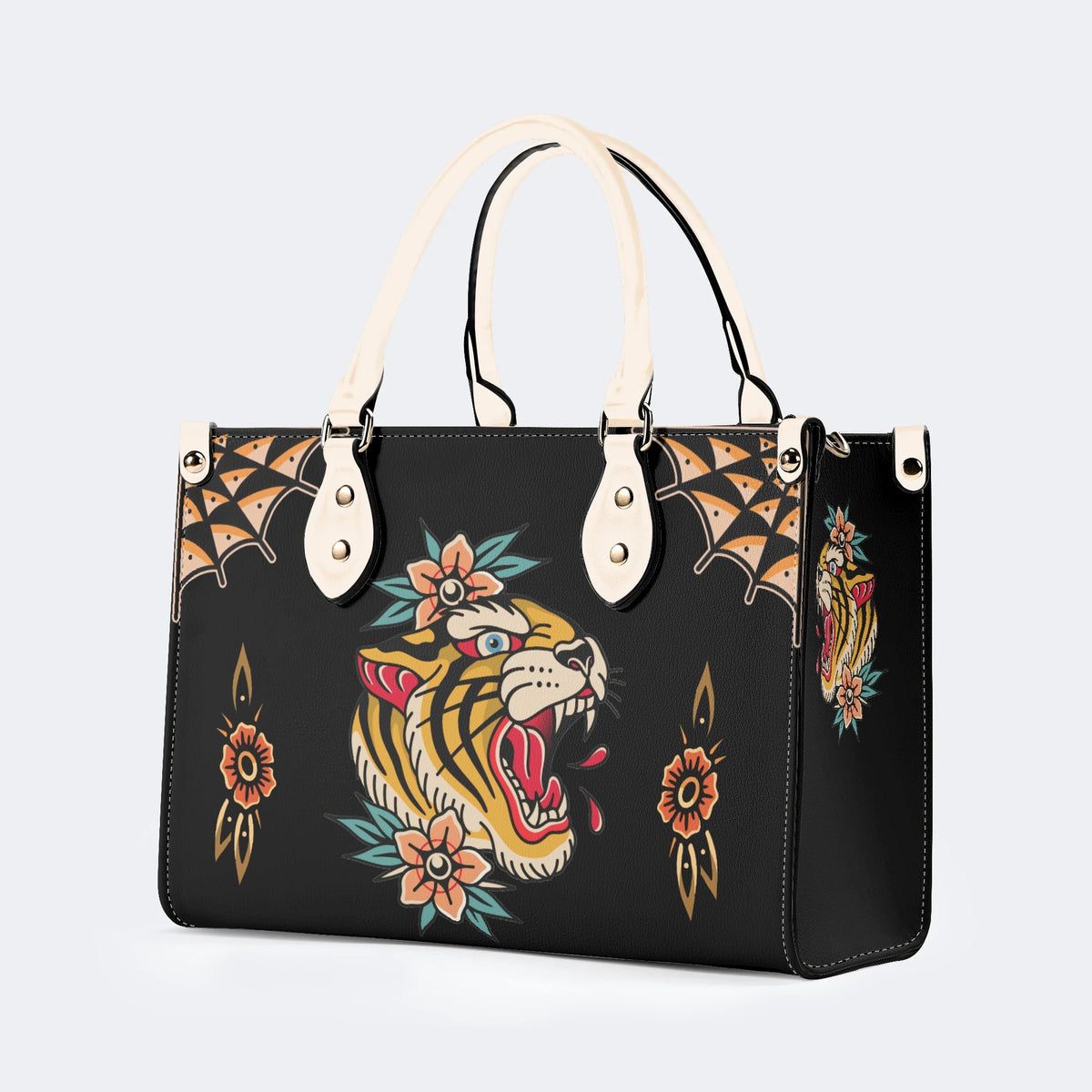 Flower Tiger Art Print - Leather Handbag