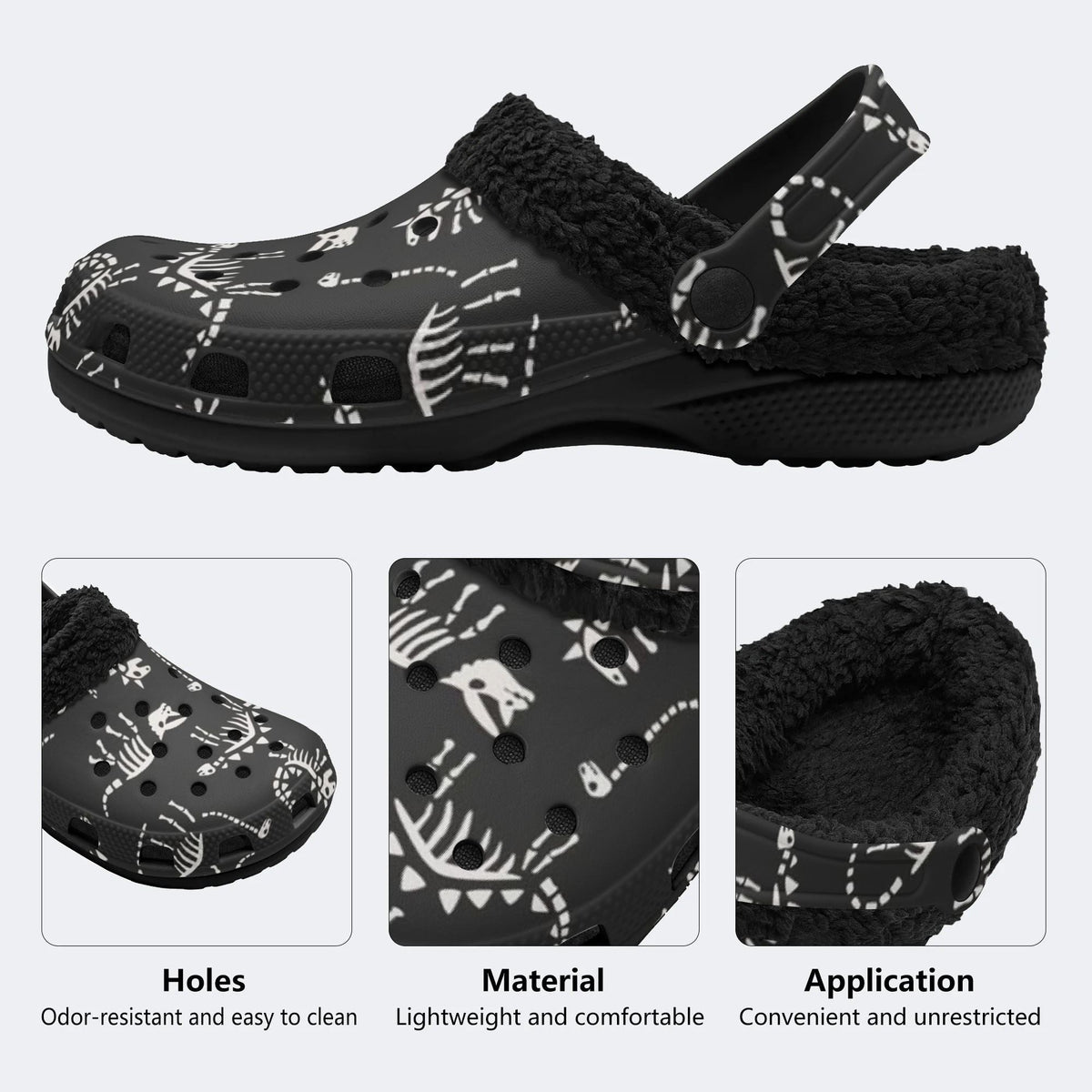 Black Dinosaur Fossil - Fur Lined Slippers/Sandals