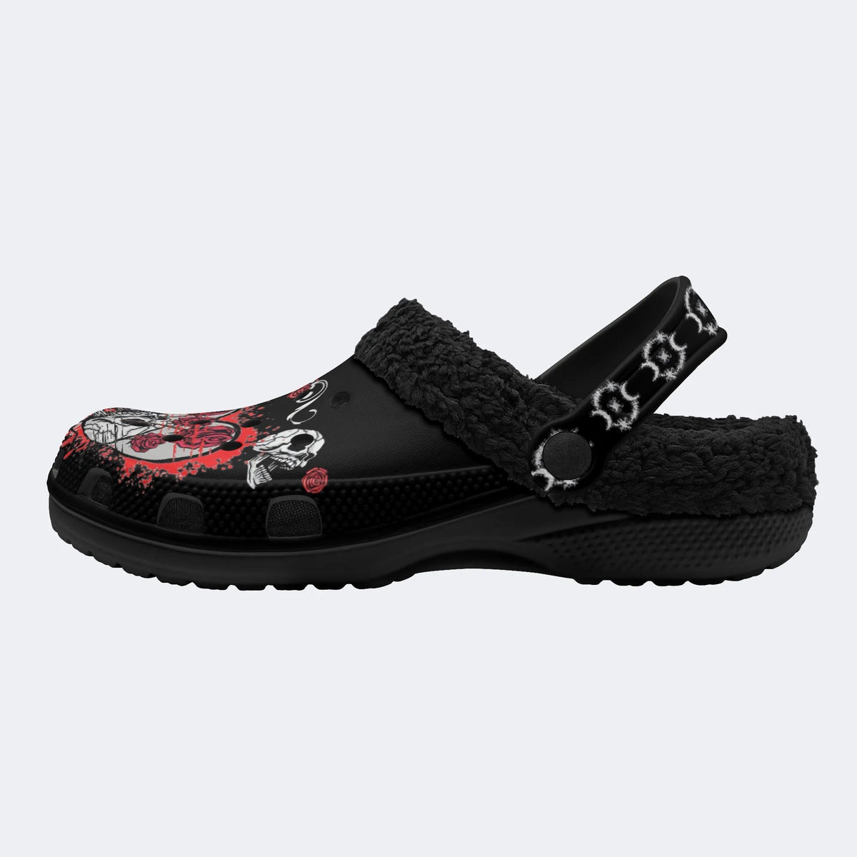 Rose Heart Skull Print - Fur Lined Slippers/Sandals