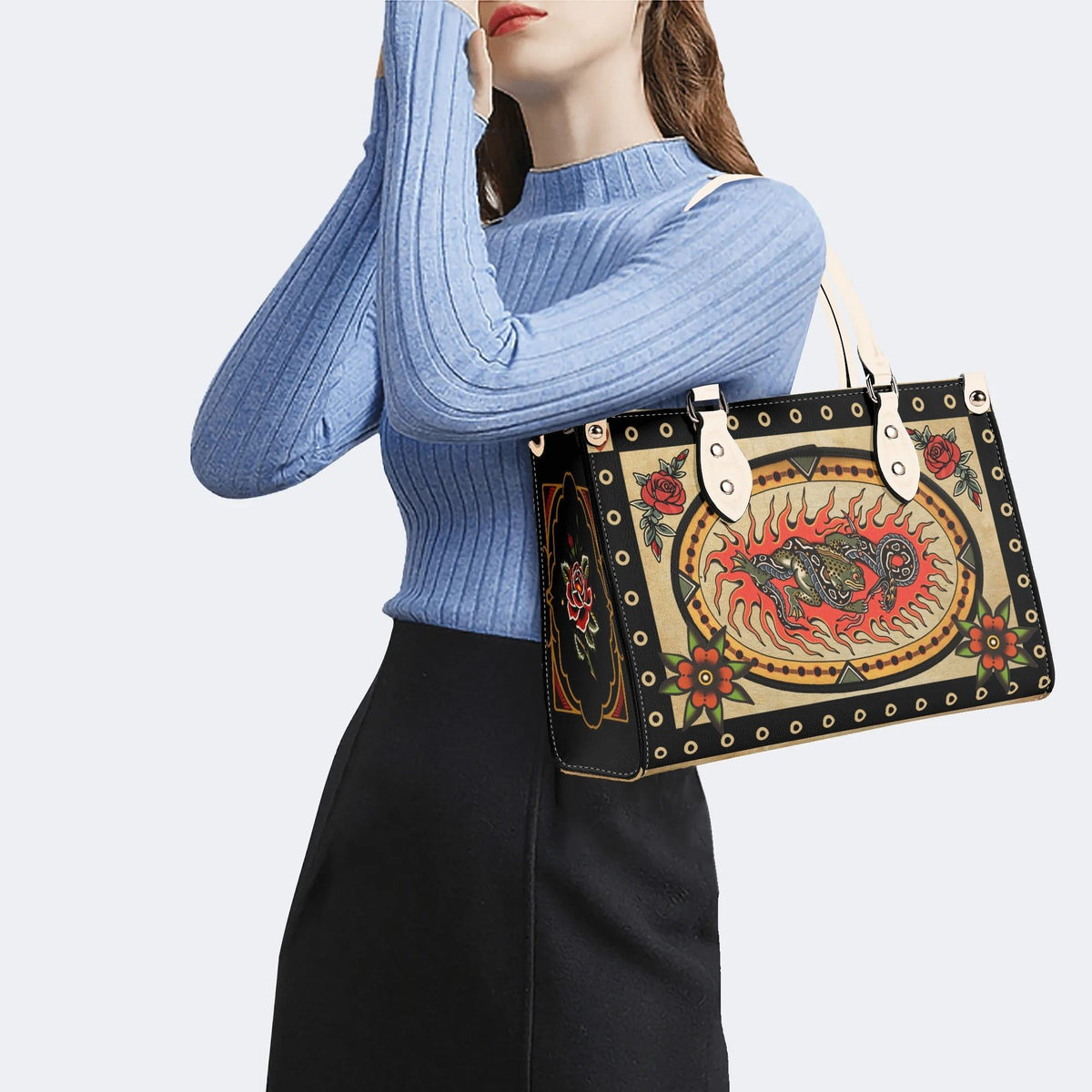 Retro Toad And Snake Print - Leather Handbag