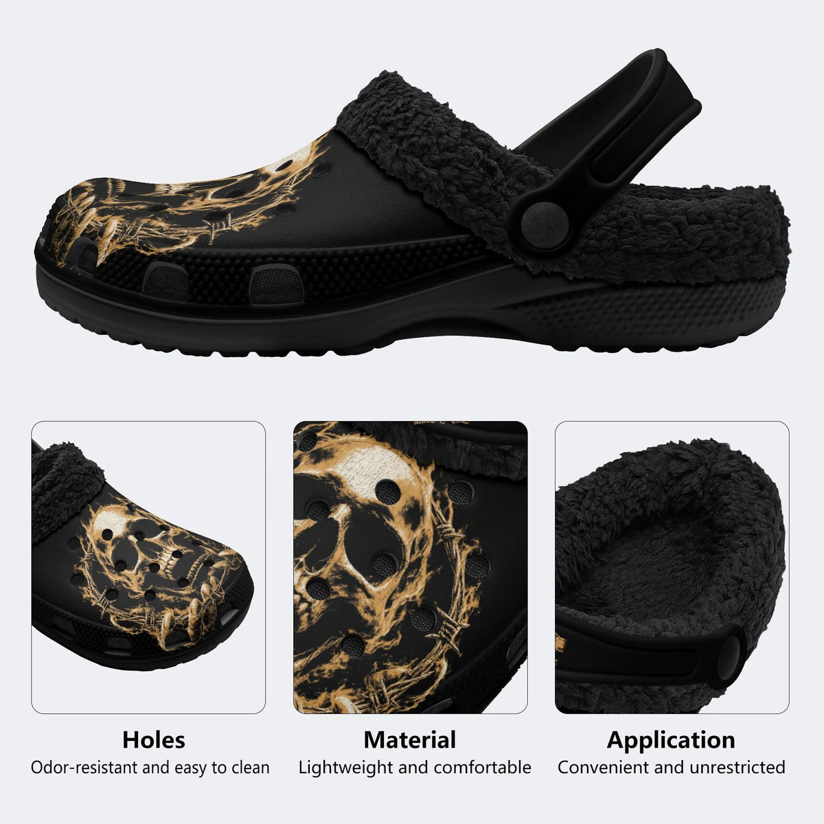 Golden Flame Skull‑Fur Lined Slippers Sandals