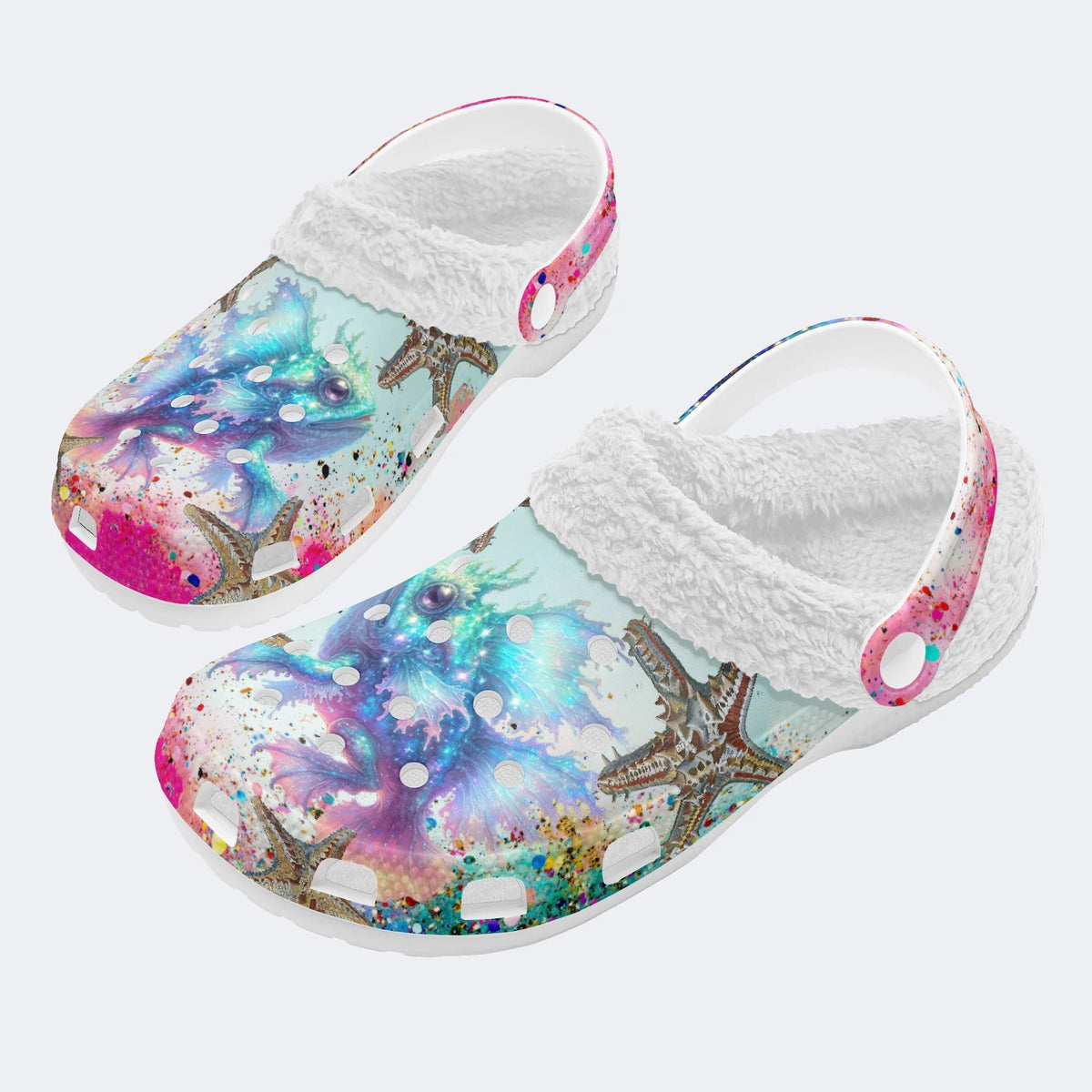 Colorful Fish And Starfish - Fur Lined Slippers/Sandals