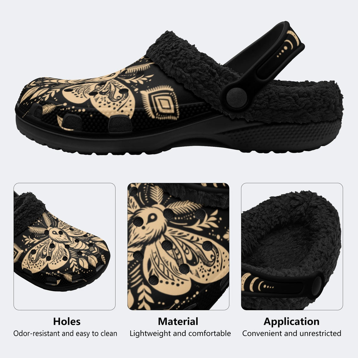 Retro Moth Floral Print - Fur Lined Slippers/Sandals