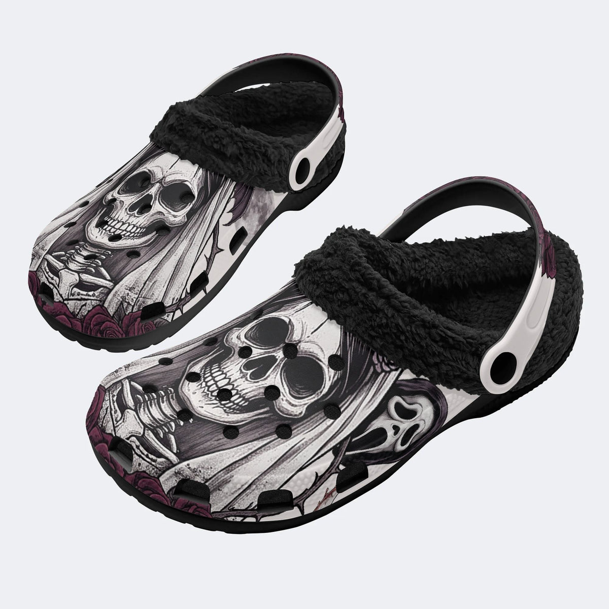 Gothic Skeleton Bride Veil Dark Rose - Fur Lined Slippers/Sandals