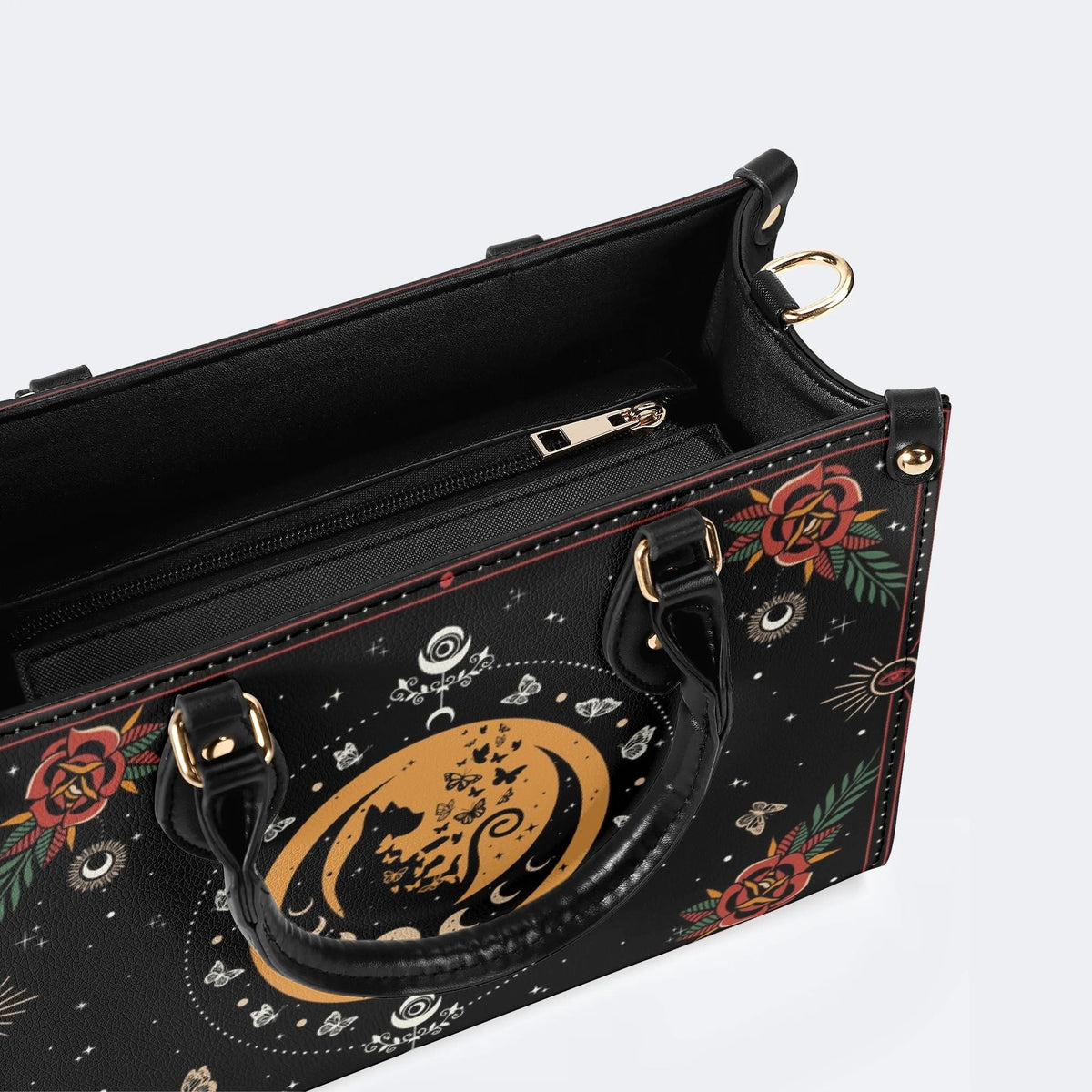 Dark Retro Moon Cat And Moth Print - Leather Handbag