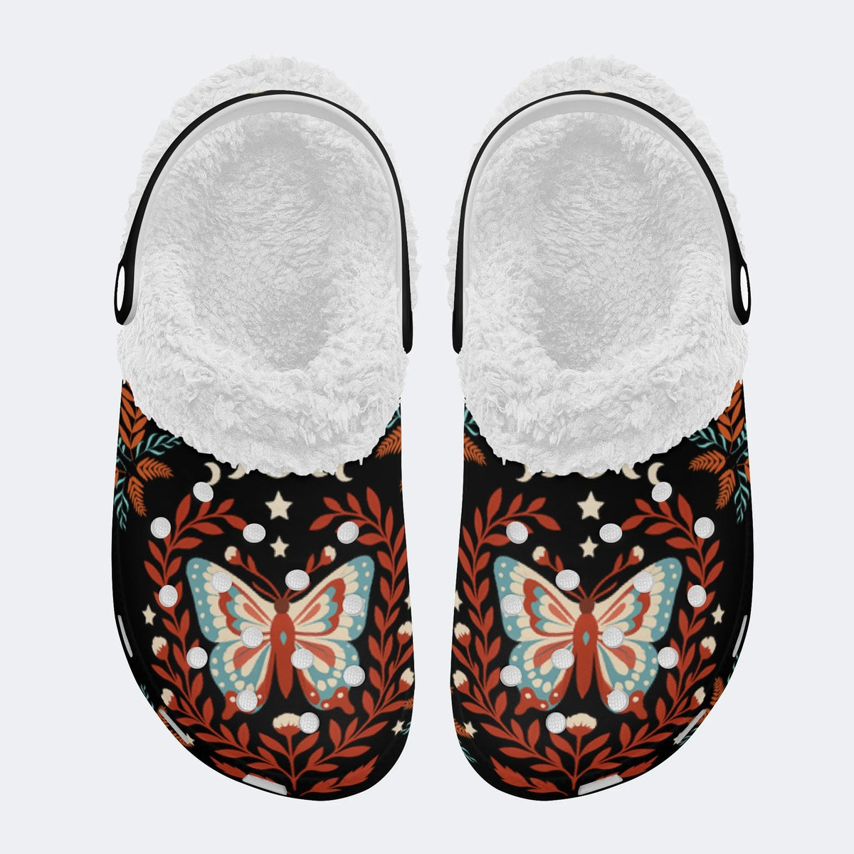 Moth And Leaf Print - Fur Lined Slippers/Sandals