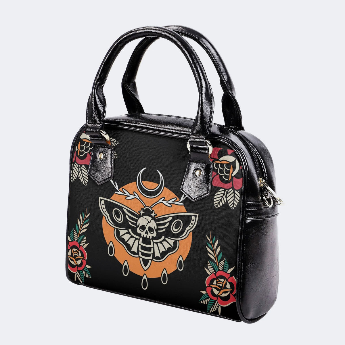 Death Moth Vintage Print - Leather Shoulder Handbag