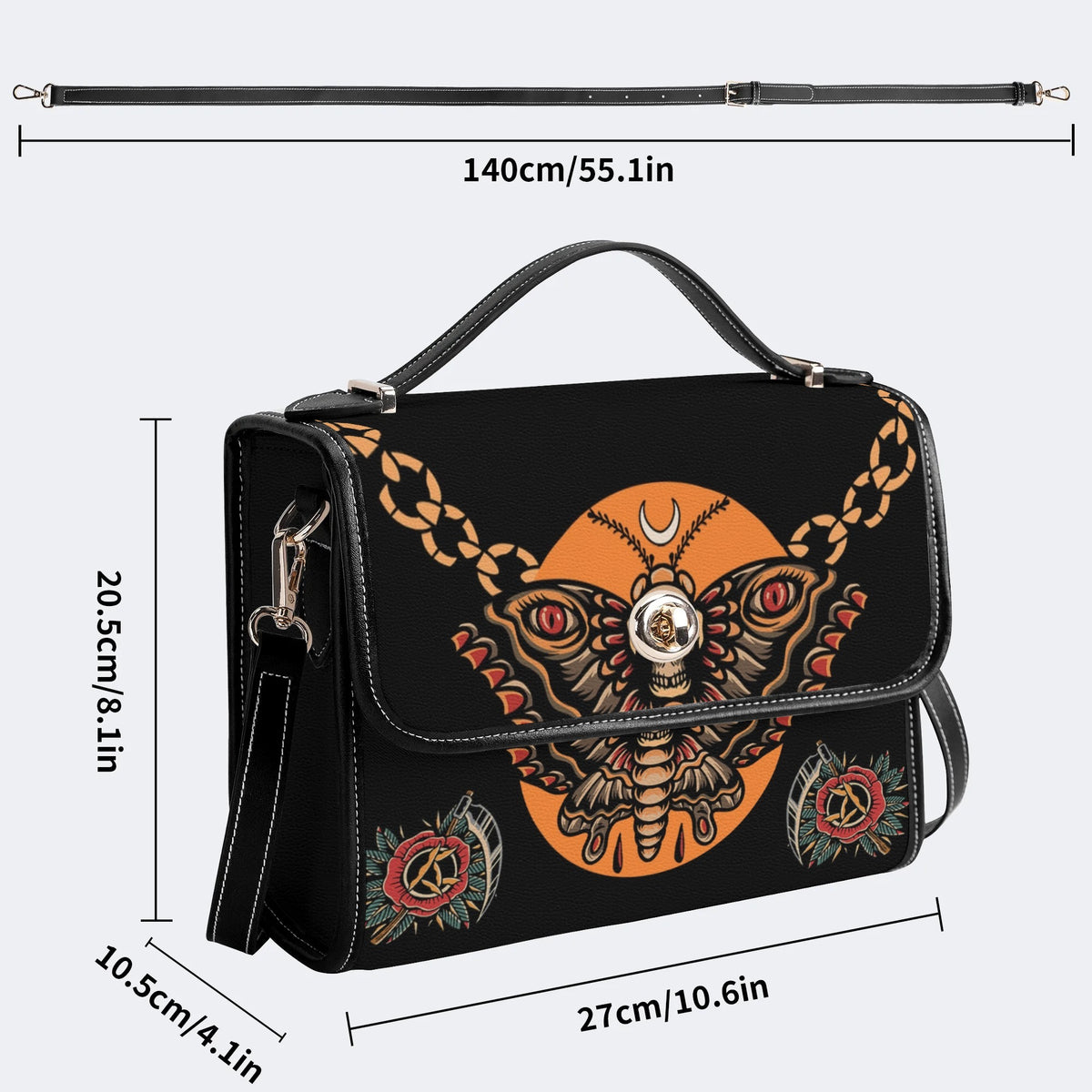 Retro Eclipse Death Moth Print - Leather Satchel Bag