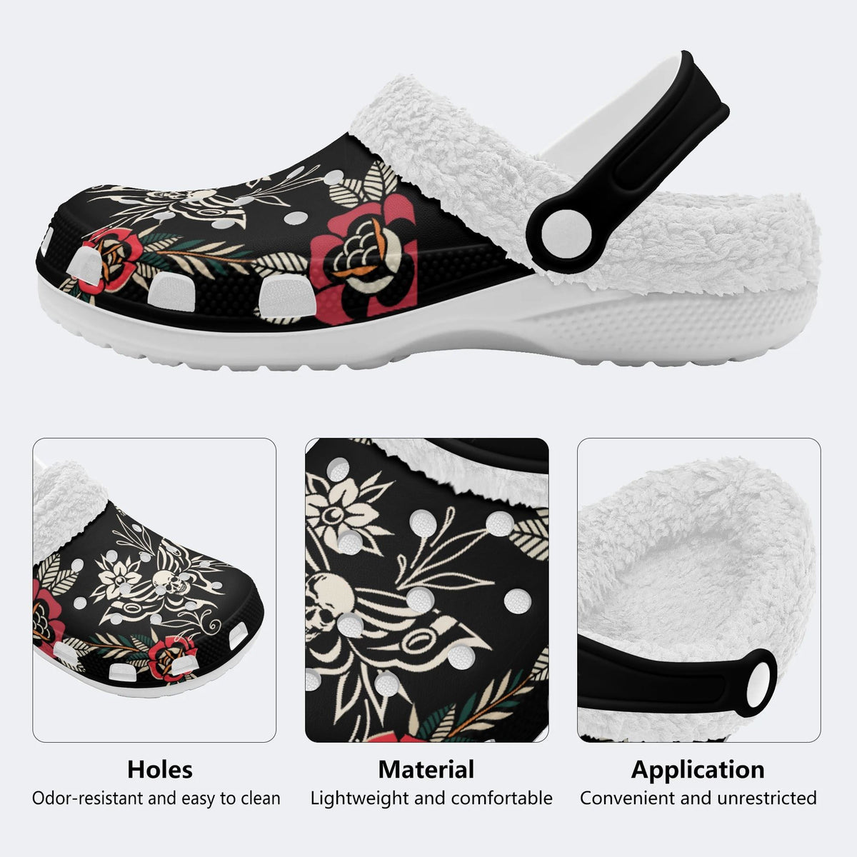 Skull Death Moth Print - Fur Lined Slippers/Sandals