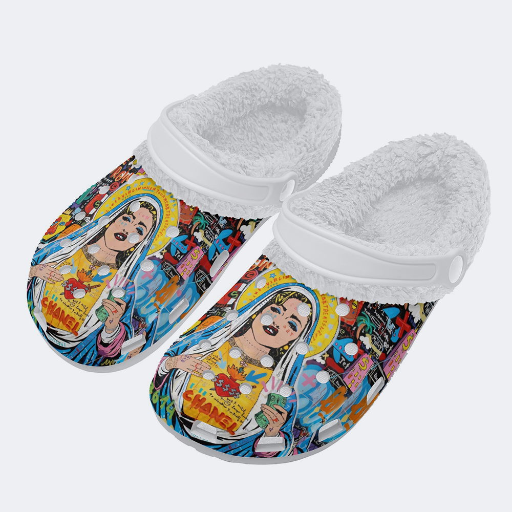 Unisex Christ Mary Graffiti Art Print - Fur Lined Slippers/Sandals