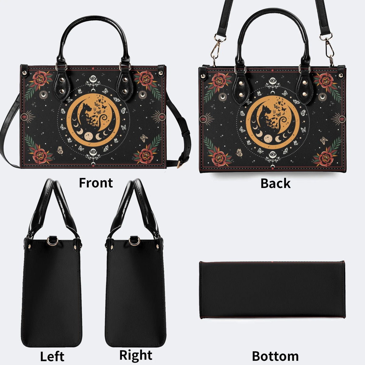 Dark Retro Moon Cat And Moth Print - Leather Handbag