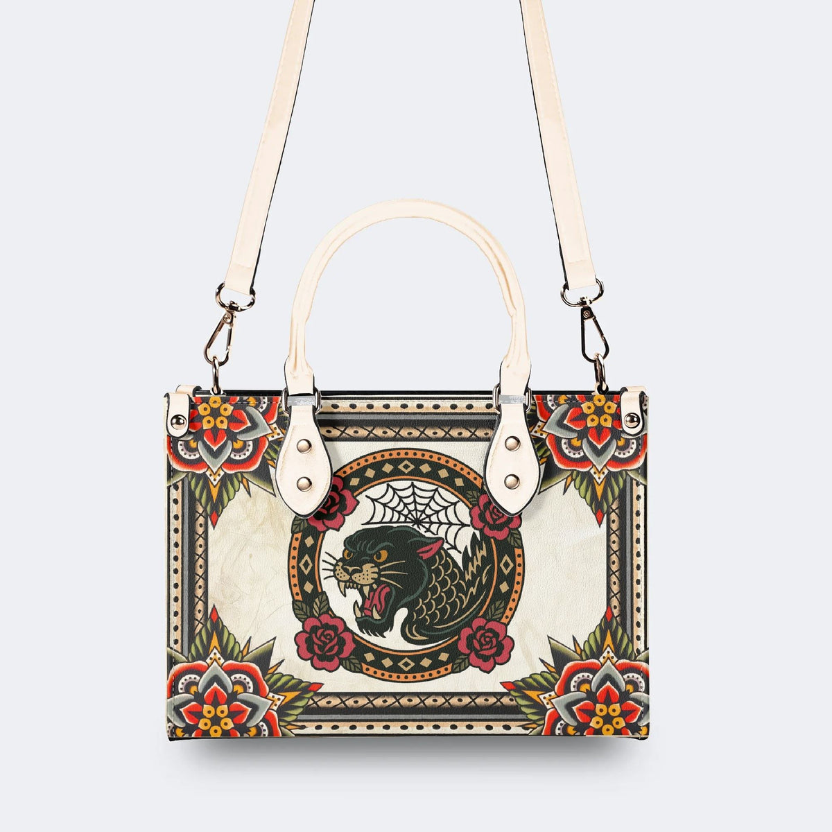 Black Panther Head Print - Leather Handbag