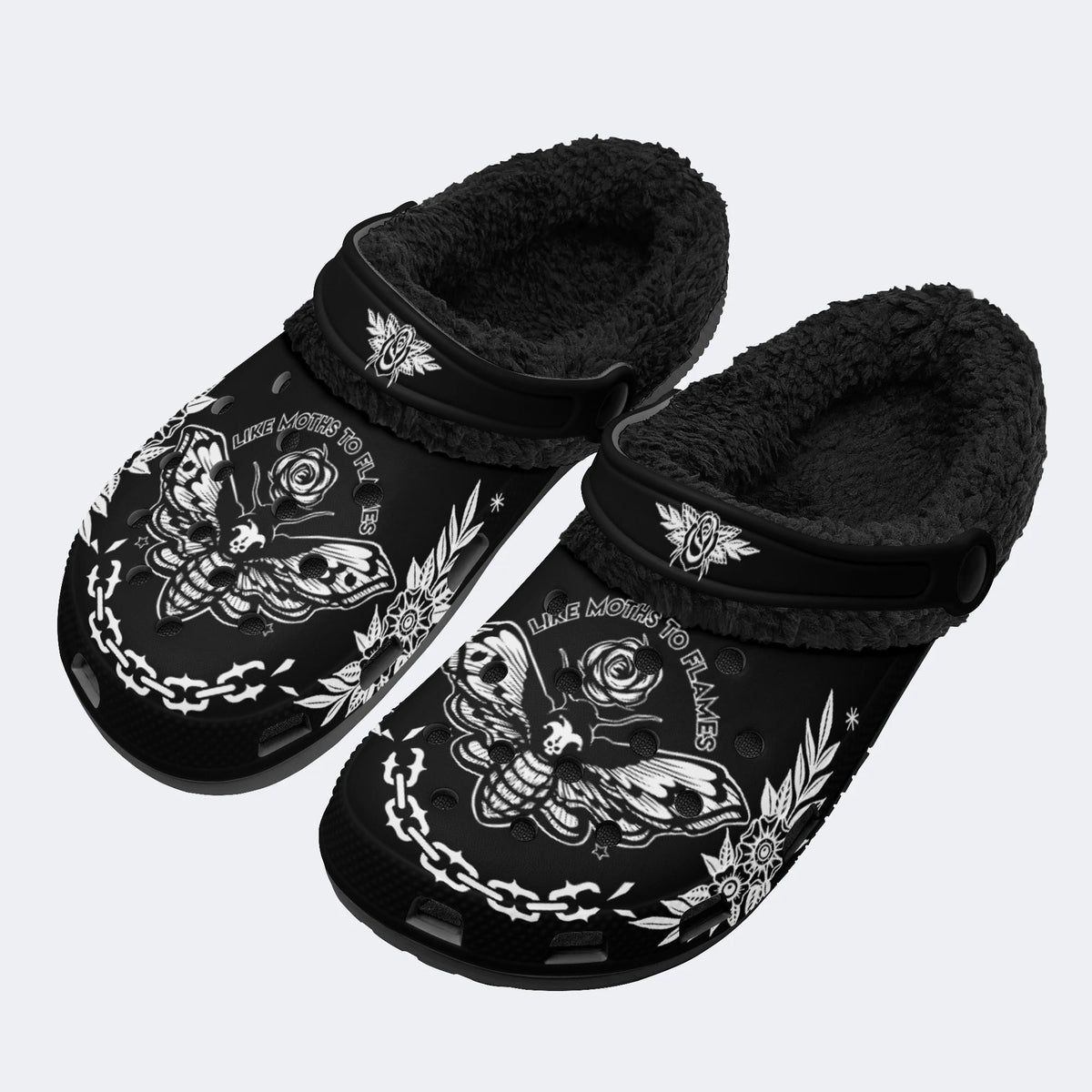 Rose Death Moth Vintage Print- Fur Lined Slippers/Sandals