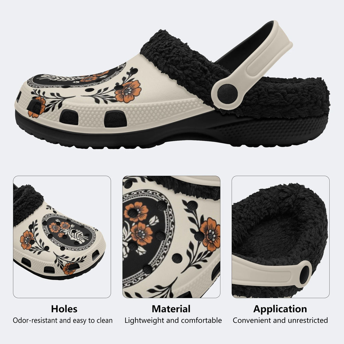 Gothic Skeleton Hand Rose Floral - Fur Lined Slippers/Sandals