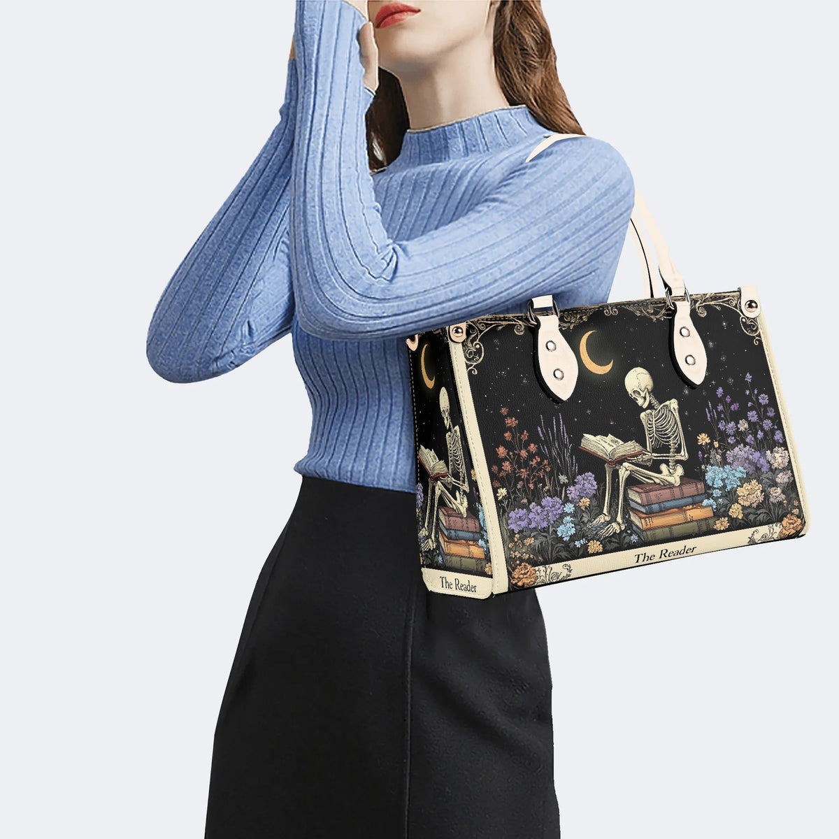 Skeleton Reading A Book Among Flowers - Leather Handbag
