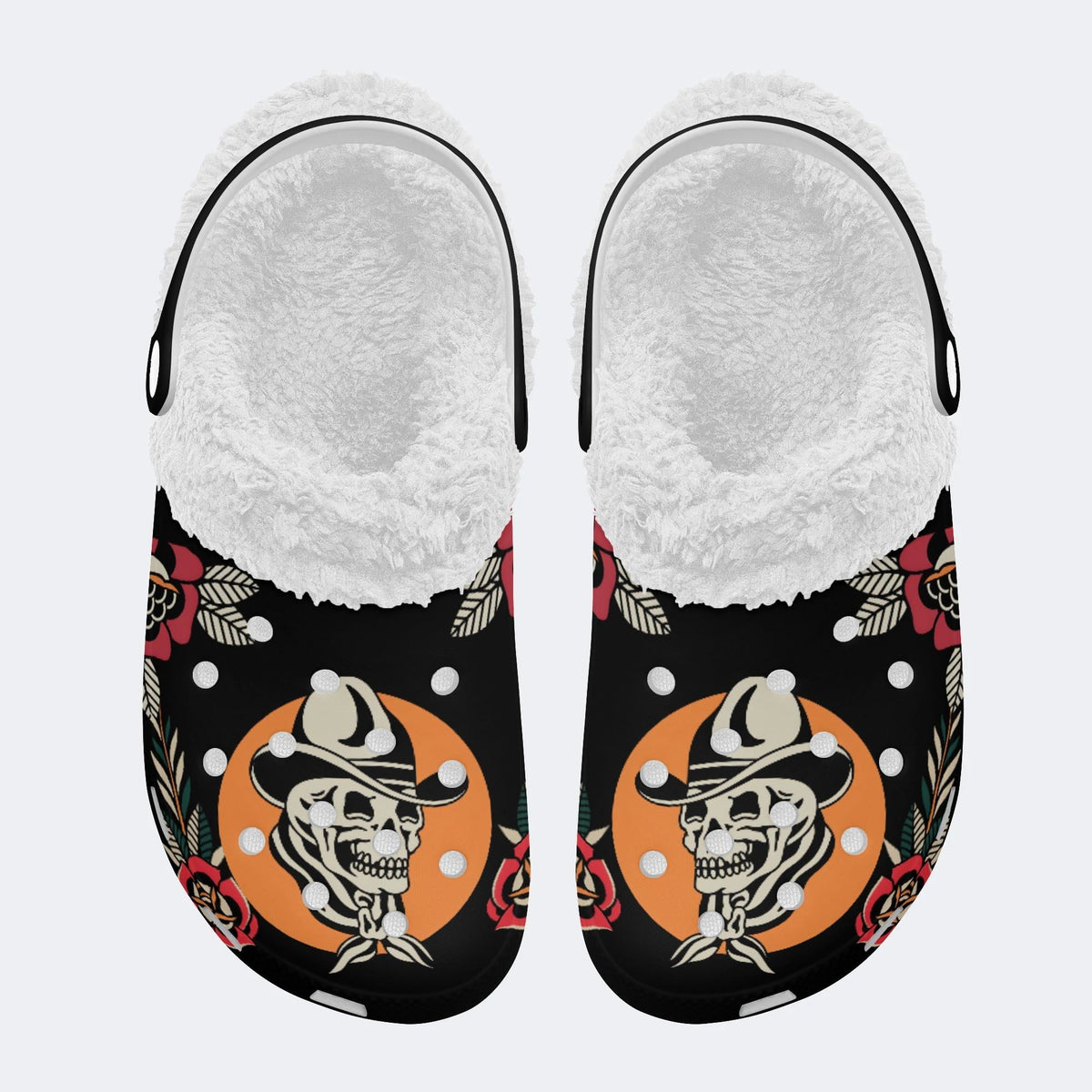 Cowboy Hat Skull Print - Fur Lined Slippers/Sandals