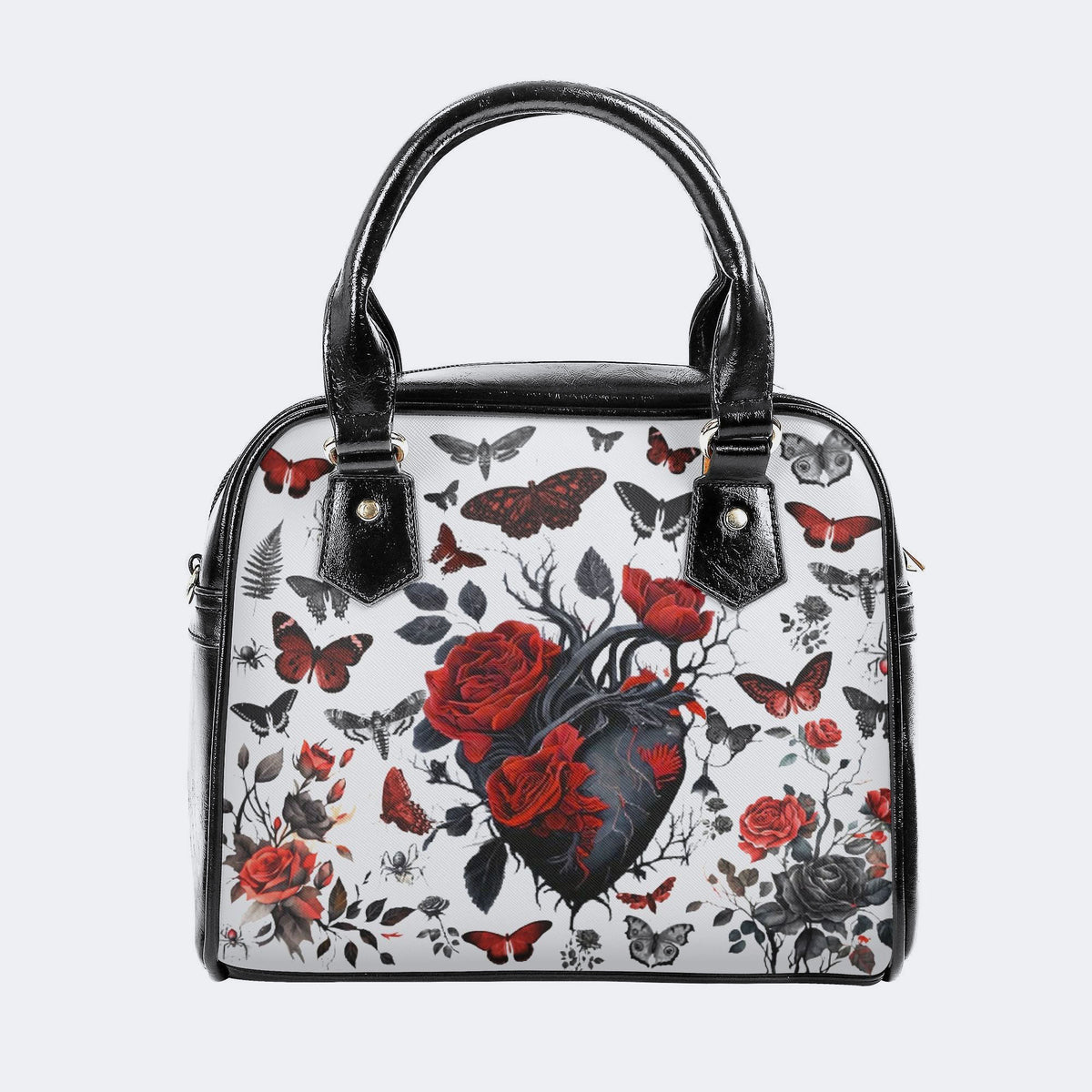 Heart Rose Butterfly Print - Leather Shoulder Handbag