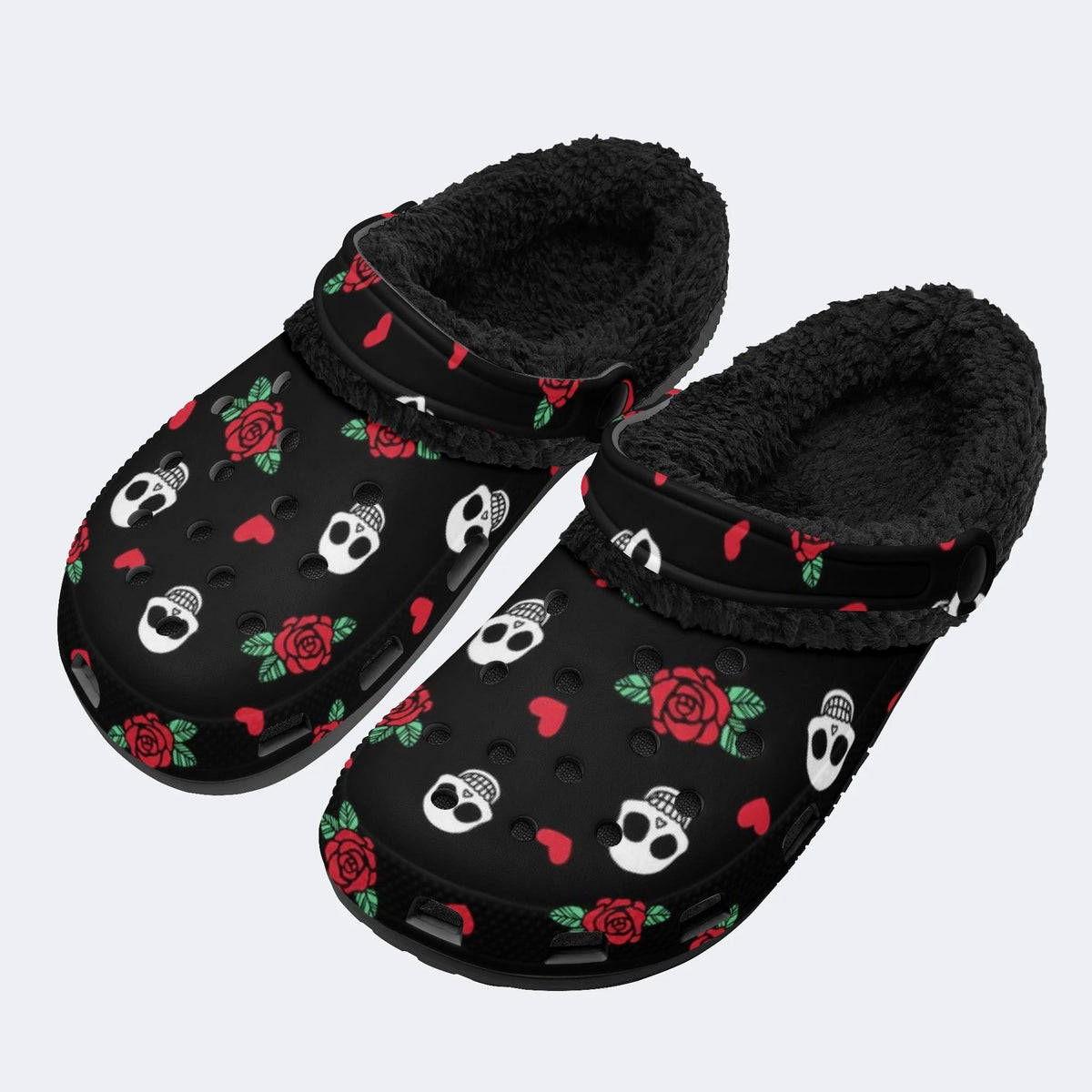 Dark Rose Skull Hearts - Fur Lined Slippers/Sandals
