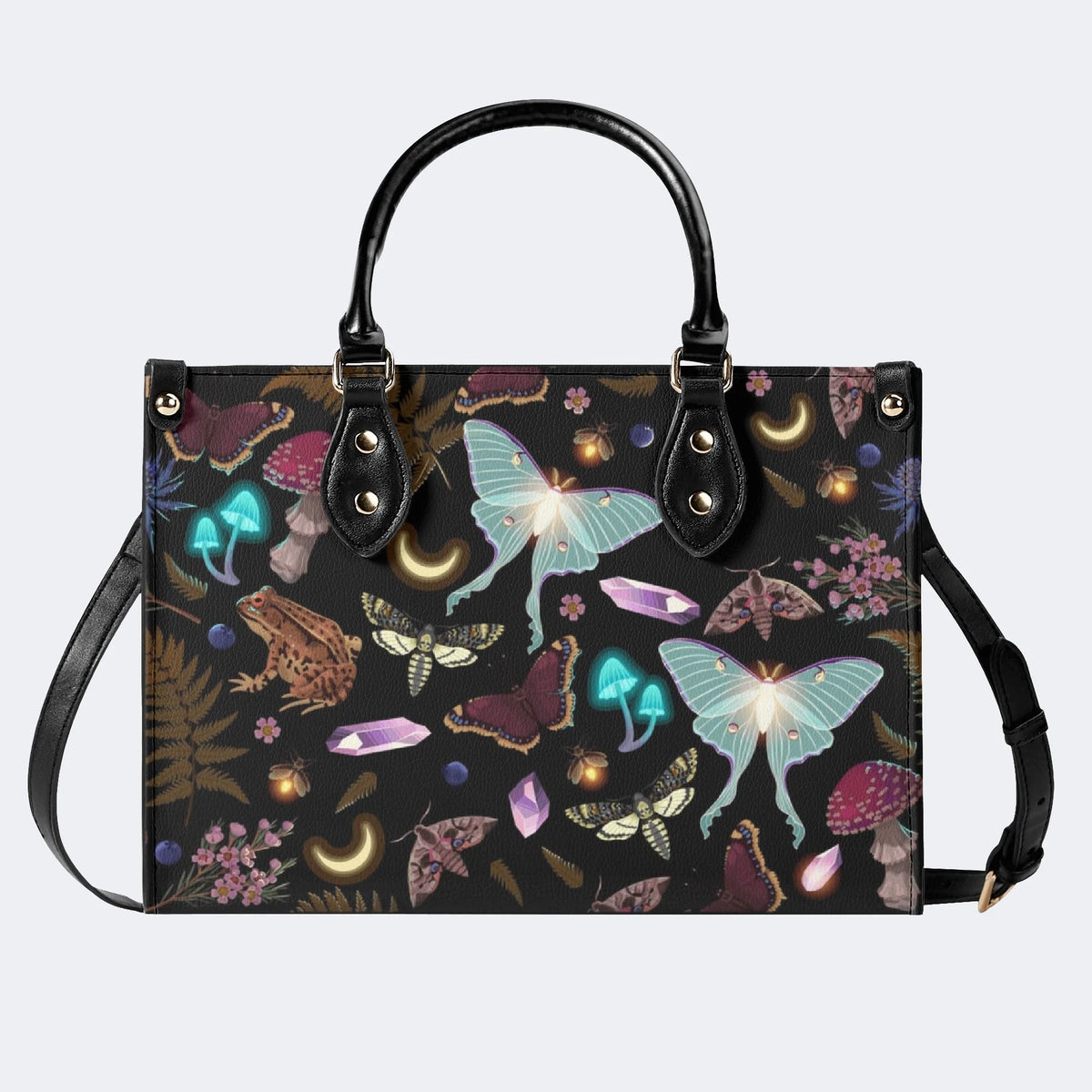 Fluorescent Moth And Botanical Print - Leather Handbag