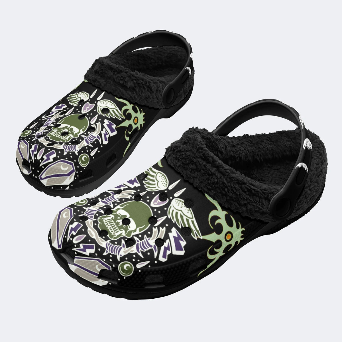 Horror Skull Skeleton Print - Fur Lined Slippers/Sandals