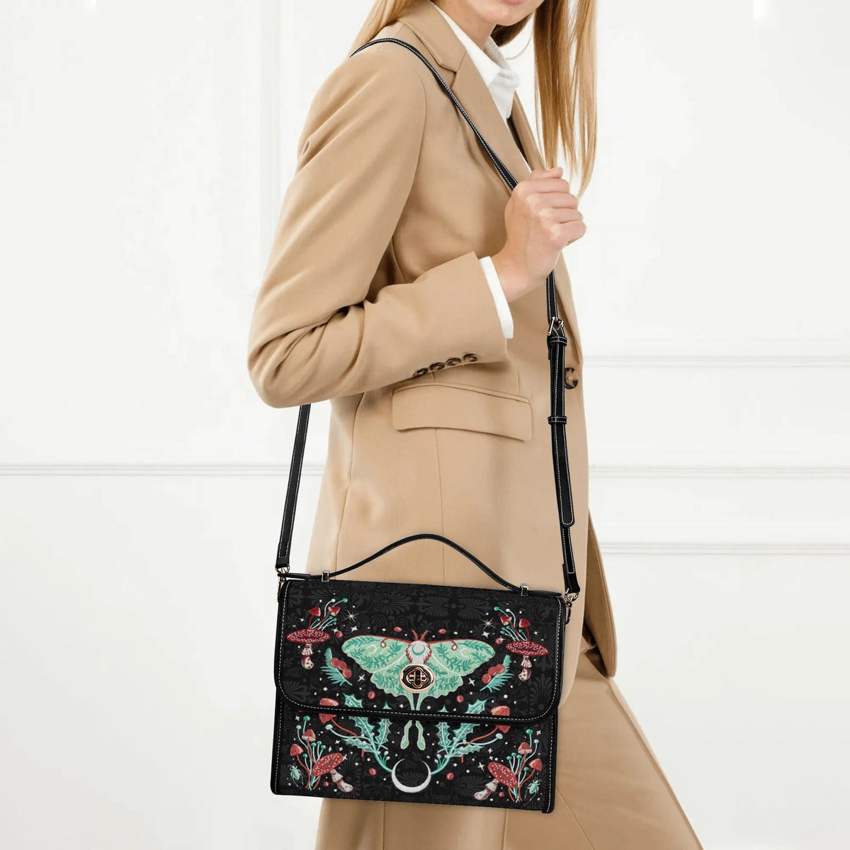 Green Moth In Mushroom Bush - Leather Satchel Bag