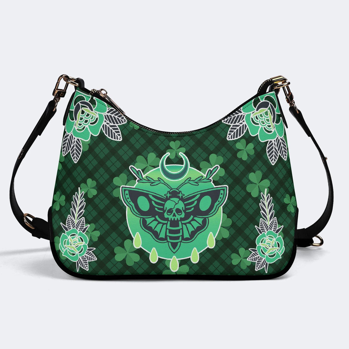 Green Plaid Death Moth - Leather Crossbody Bag