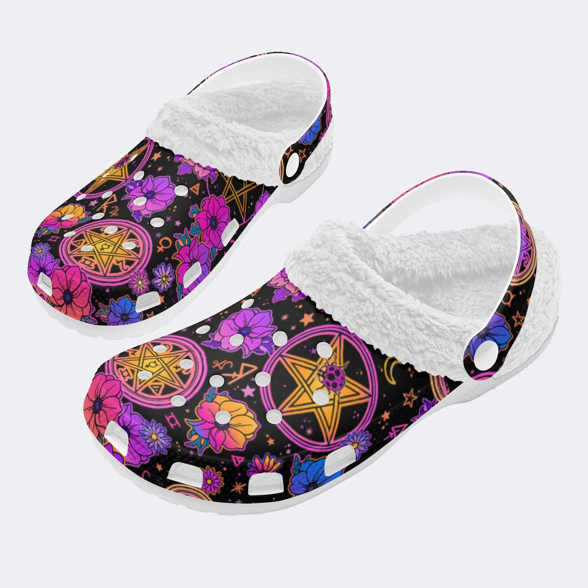 Magical Symbols&Flowers Print- Fur Lined Slippers/Sandals