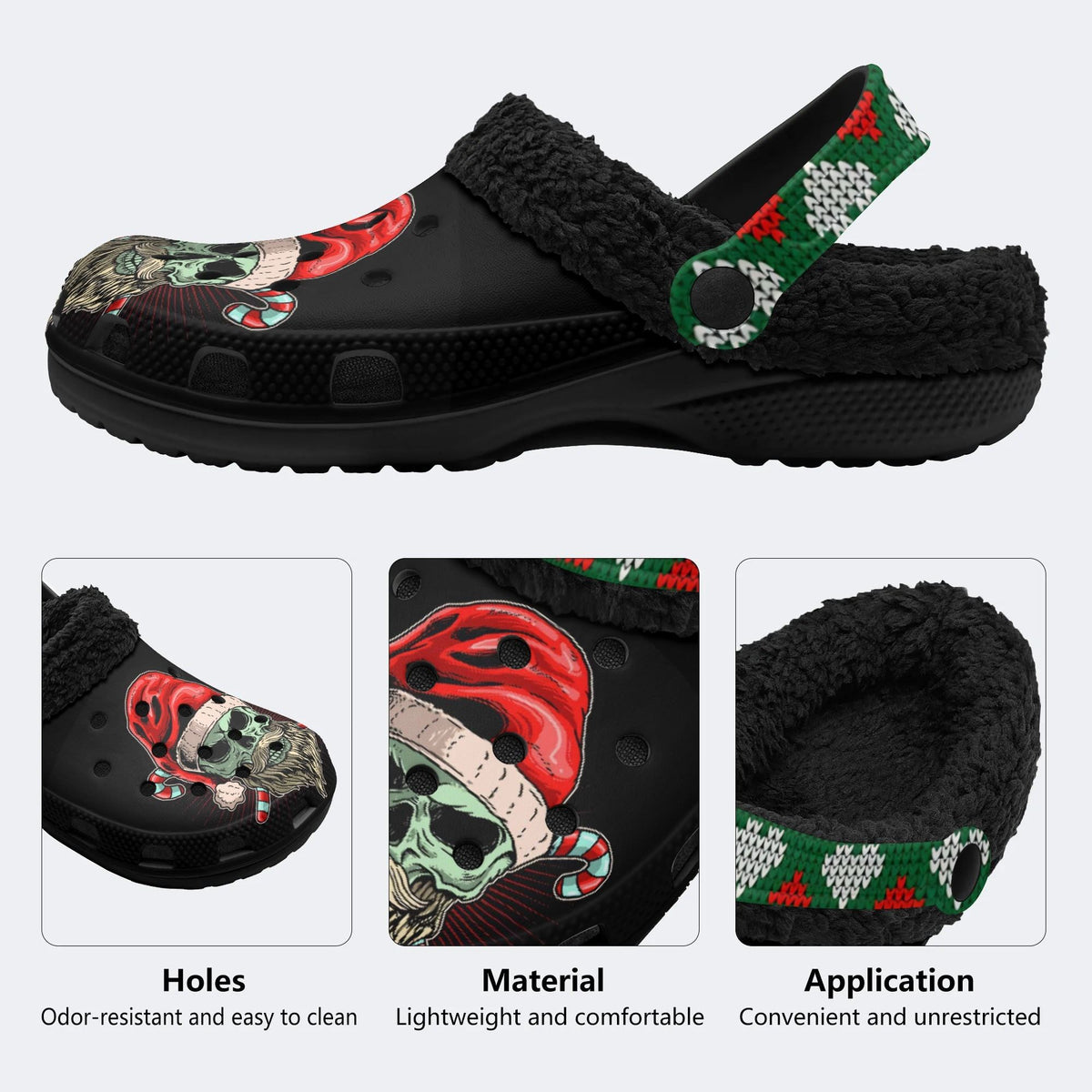 Skull Santa Print - Fur Lined Slippers/Sandals