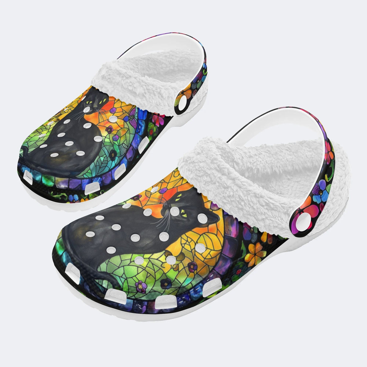Colorful Glass And Black Cat - Fur Lined Slippers/Sandals