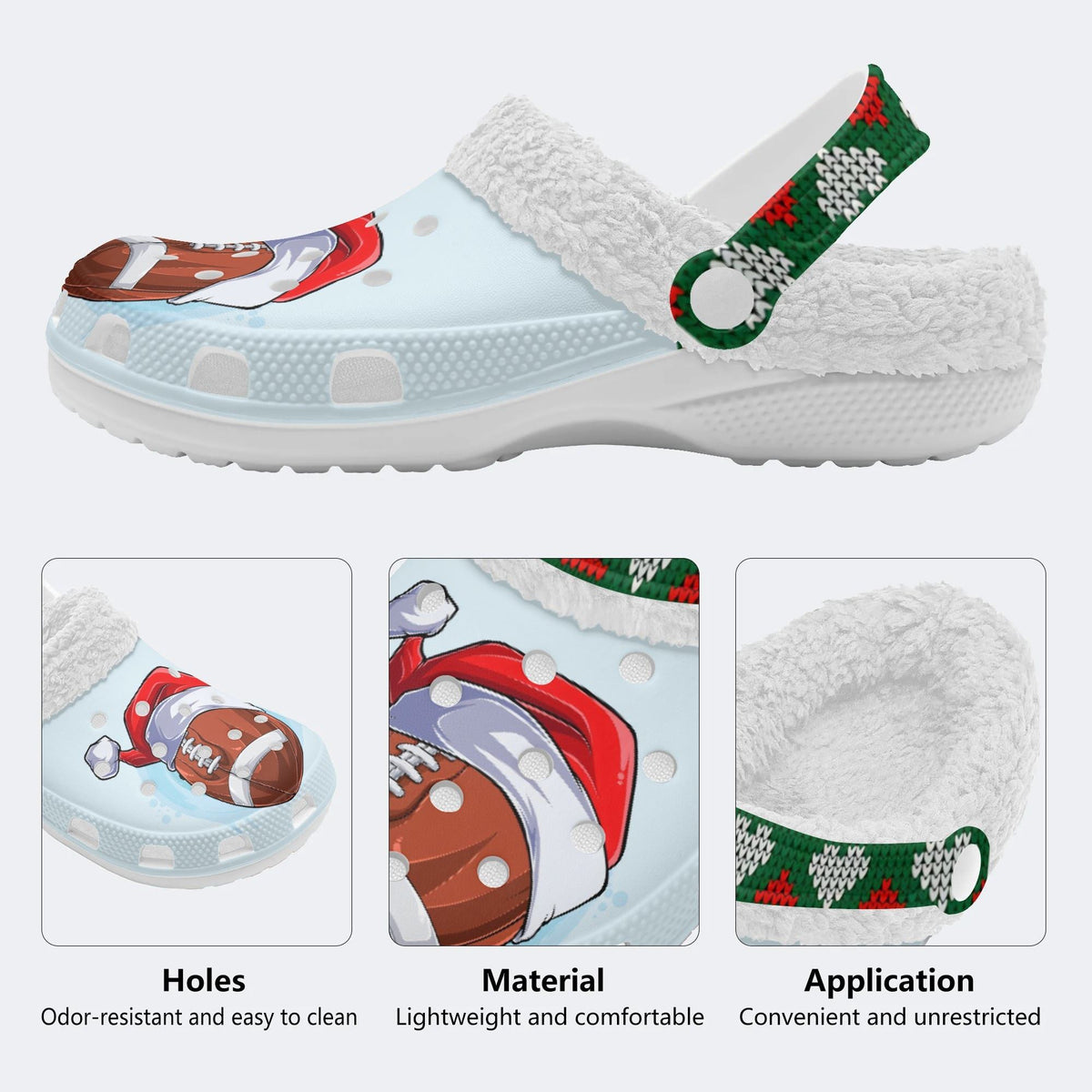 Santa Hat Football Print - Fur Lined Slippers/Sandals