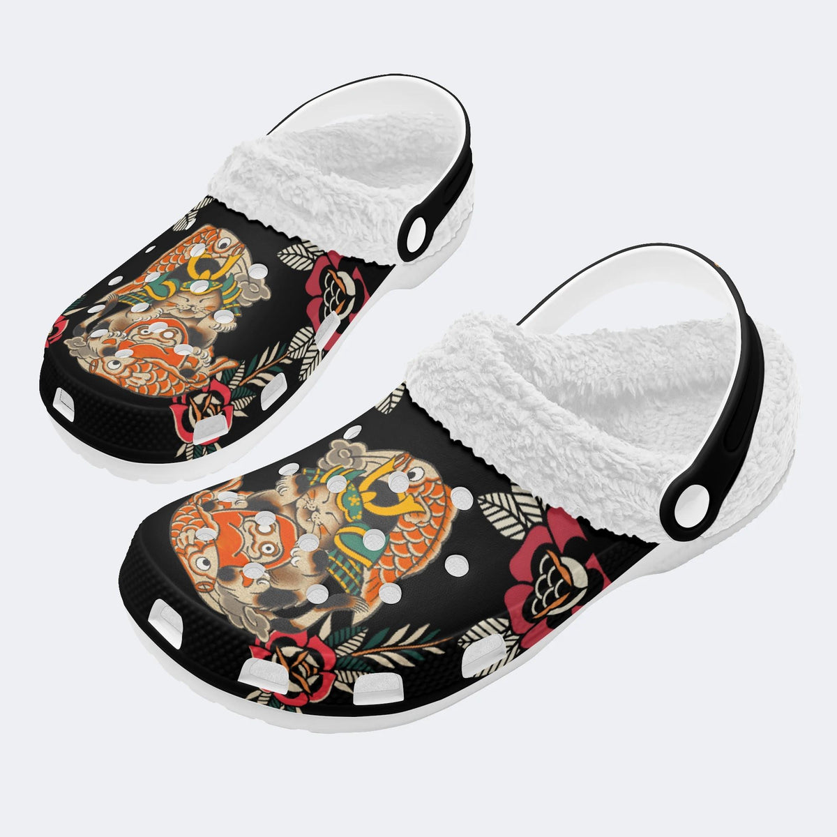 Japanese Lucky Cat Print - Fur Lined Slippers/Sandals