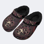 Gothic Skull Burgundy Rose Thorn Bat - Fur Lined Slippers/Sandals