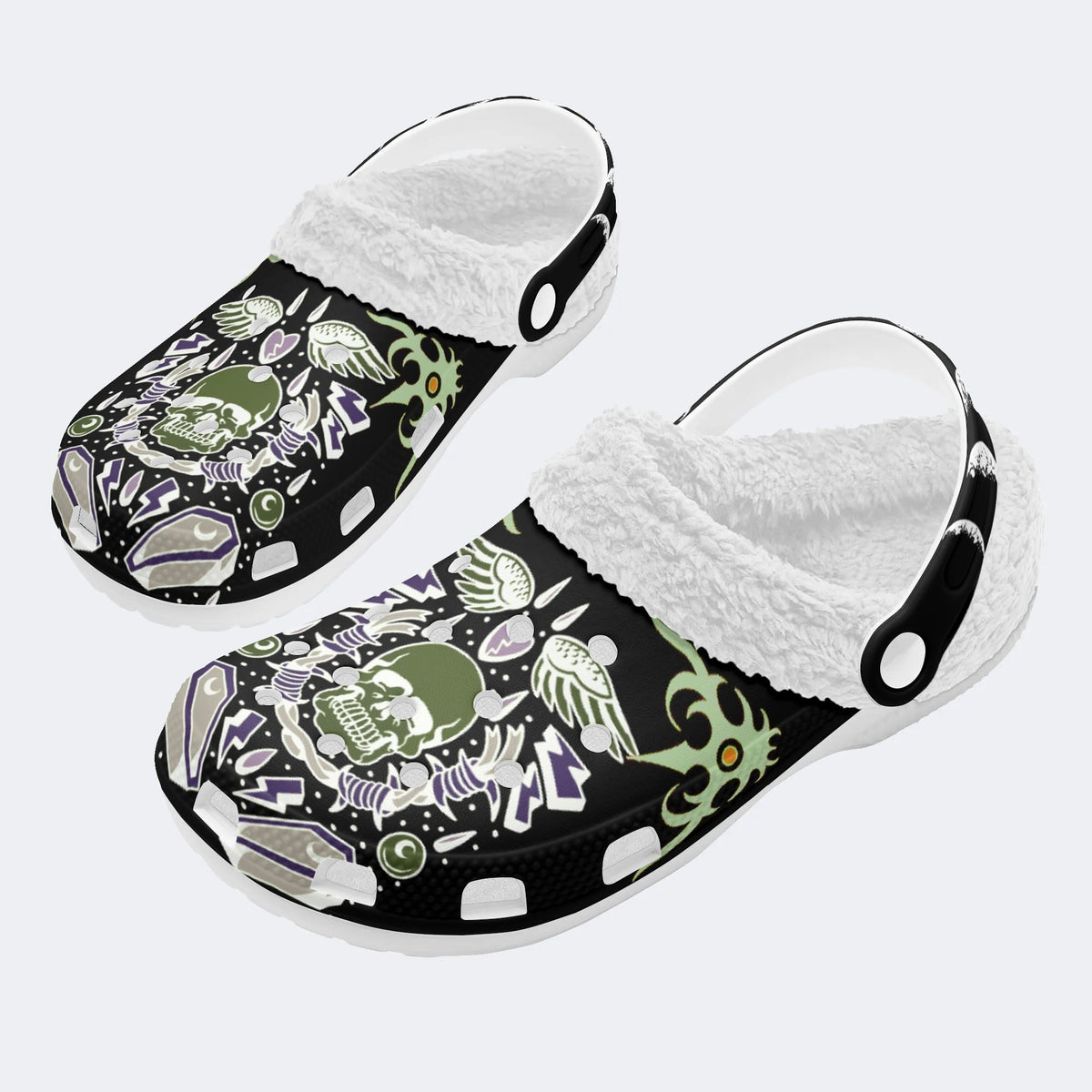 Horror Skull Skeleton Print - Fur Lined Slippers/Sandals