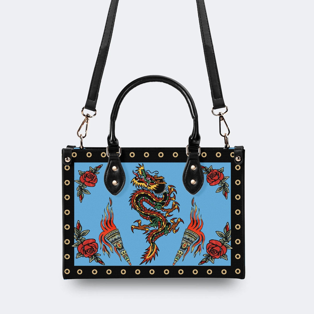 Vintage Torch And Dragon Print - Leather Handbag