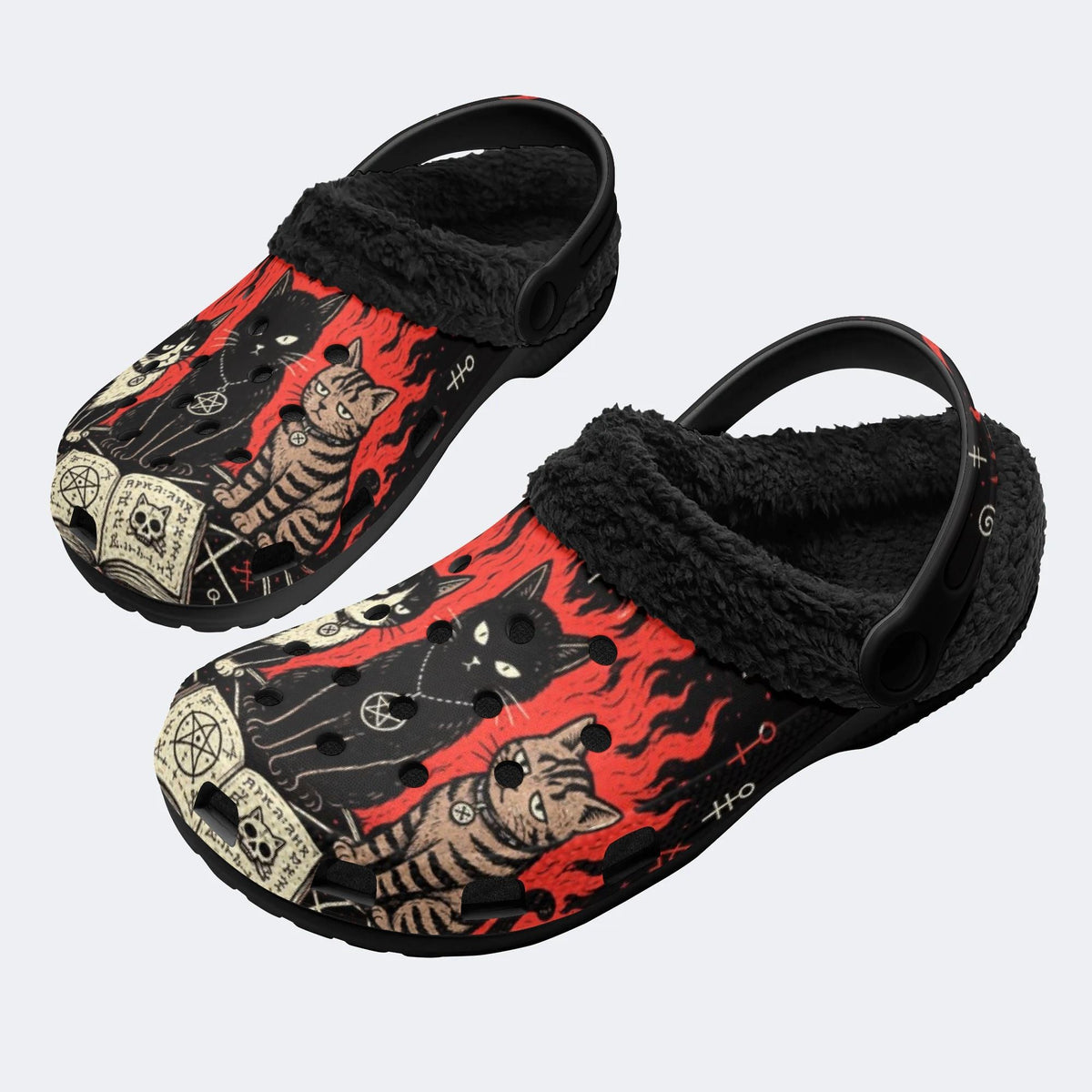Gothic Occult Black Cat Spell Book Pentagram - Fur Lined Slippers/Sandals