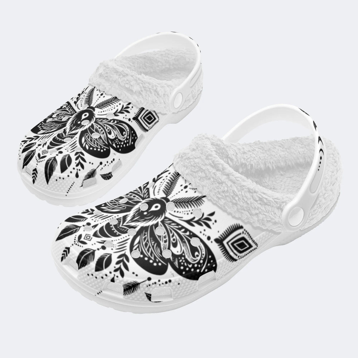 Retro Moth Floral Print - Fur Lined Slippers/Sandals