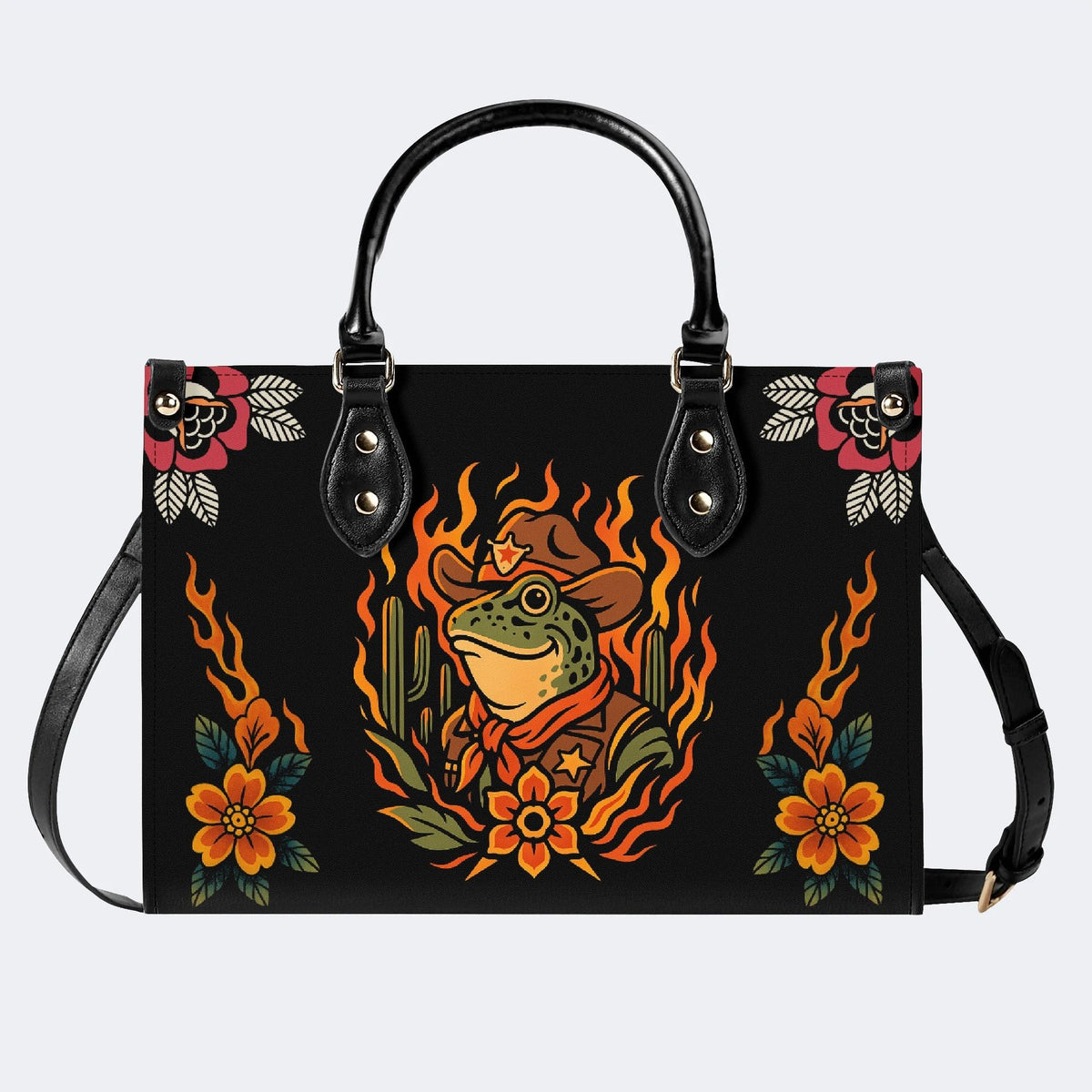Flame Cowboy Frog Print - Leather Handbag