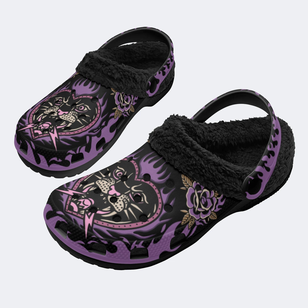 Rose Flame Panther Print - Removable Fur Lined Slippers/Sandals