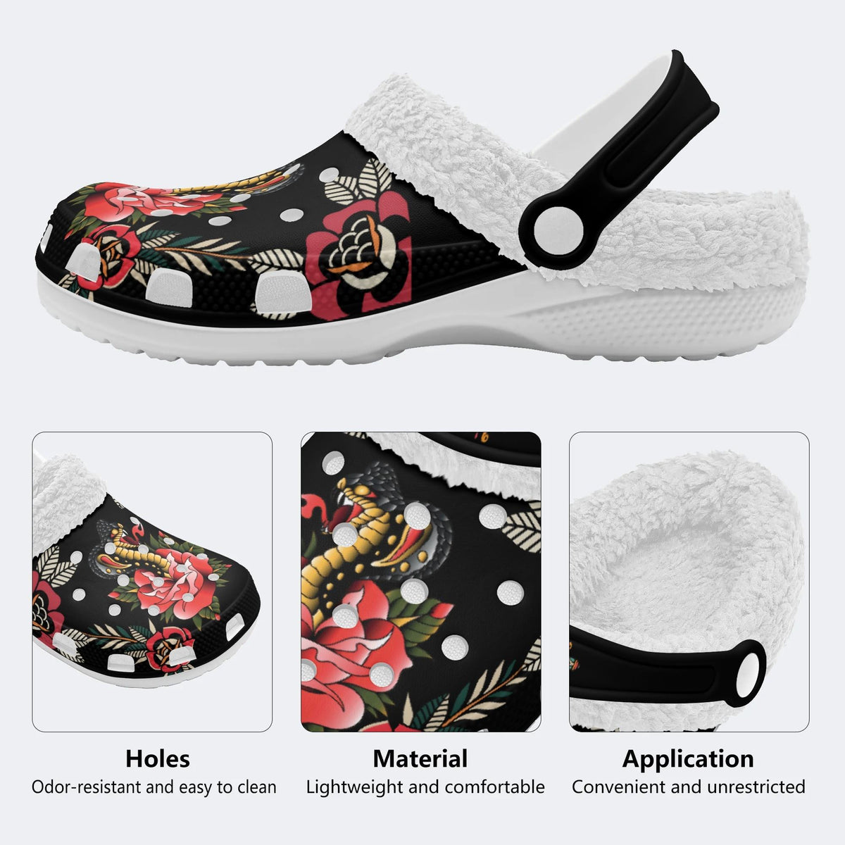 Cobra&Flowers Print - Fur Lined Slippers/Sandals