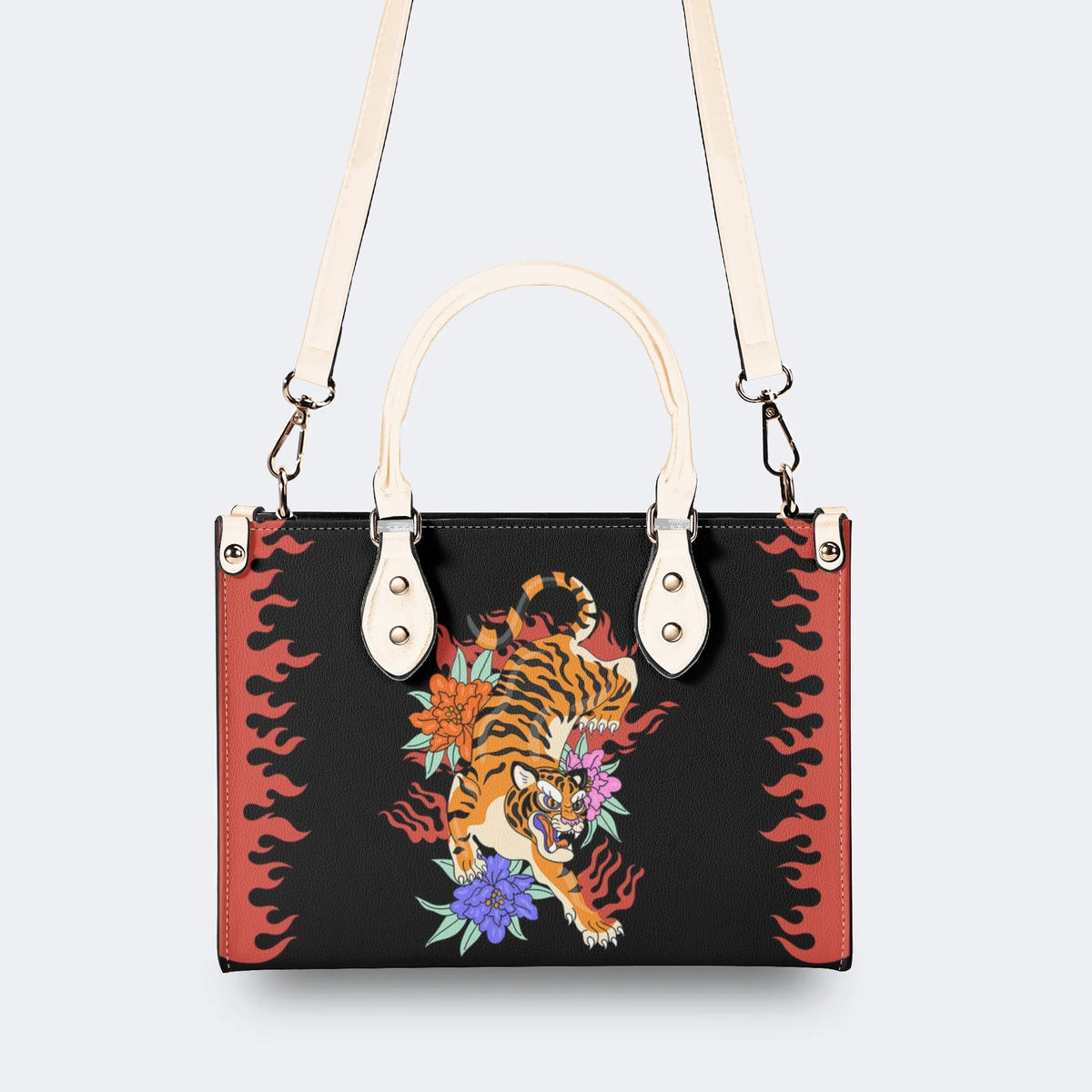 Old School Tiger and Flower Print - Leather Handbag