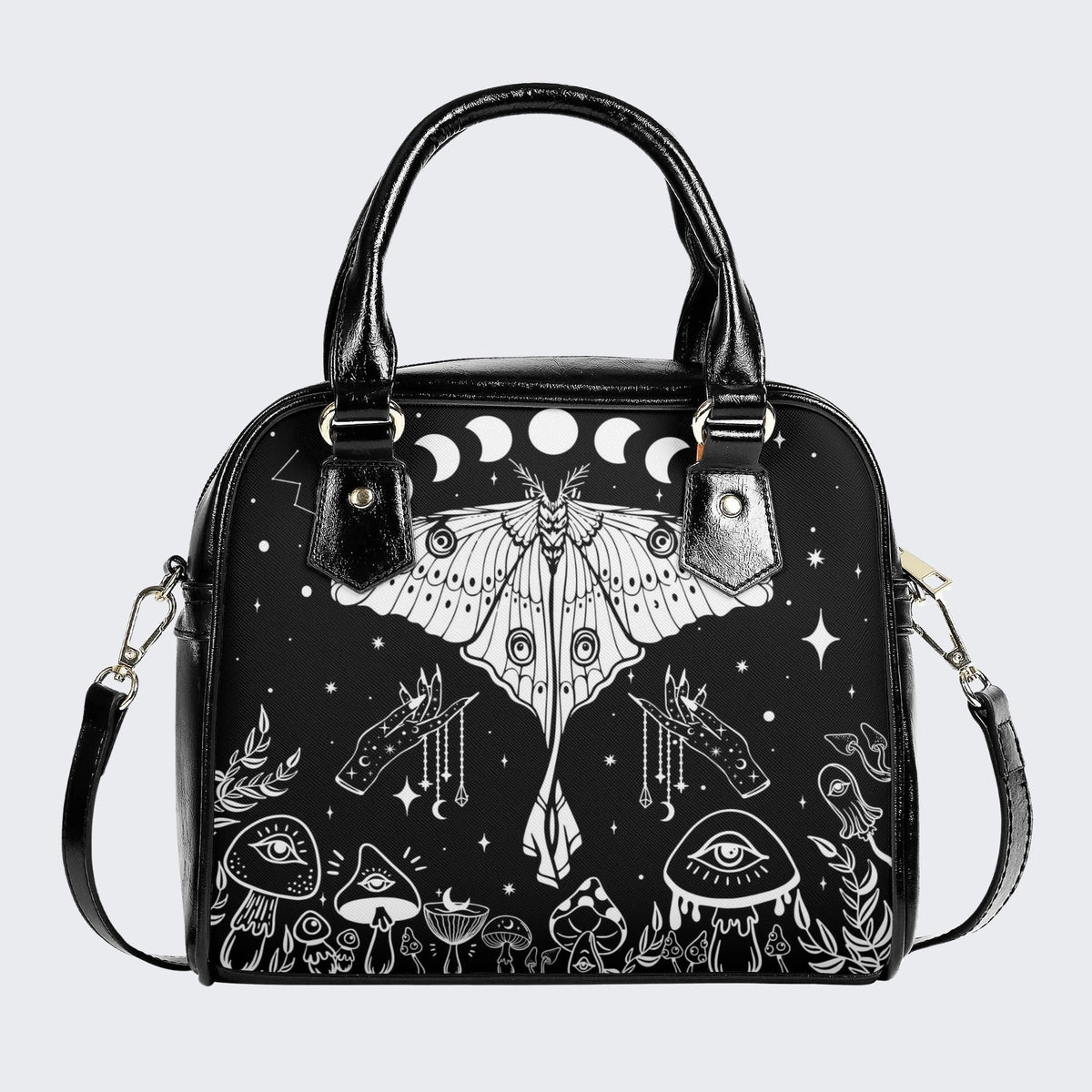 White Moth On Mushroom Bush - Leather Shoulder Handbag