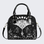 White Moth On Mushroom Bush - Leather Shoulder Handbag