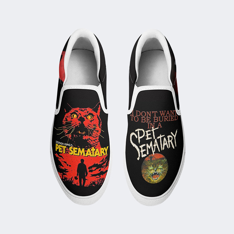 Unisex Retro PET SEMATARY Print - Slip On Shoes