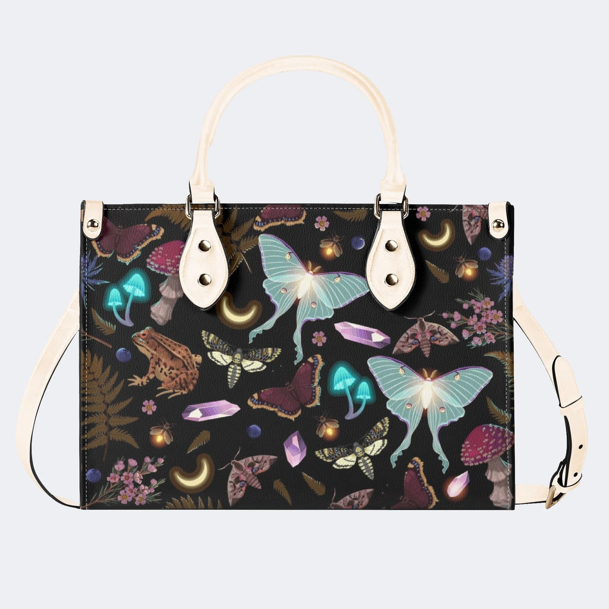 Fluorescent Moth And Botanical Print - Leather Handbag