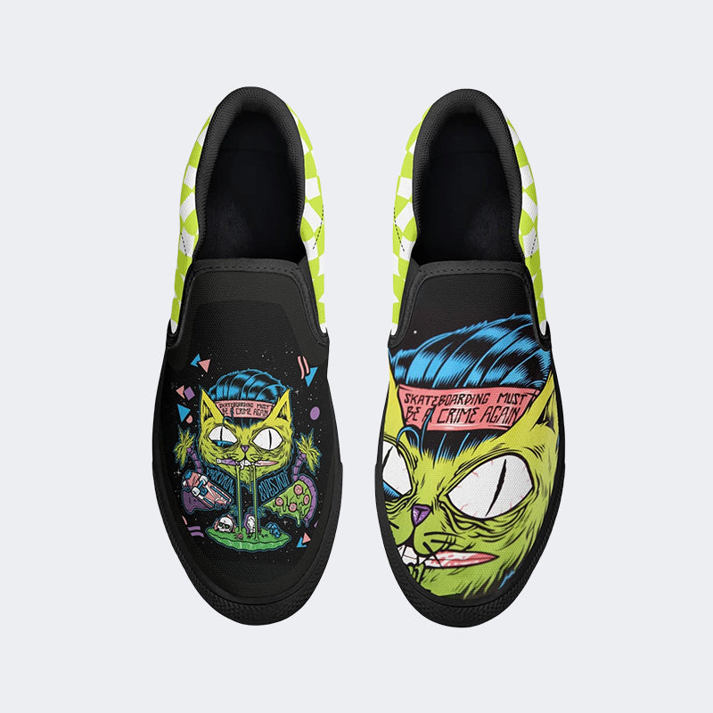 Unisex Skateboarding Cat Print - Slip On Shoes