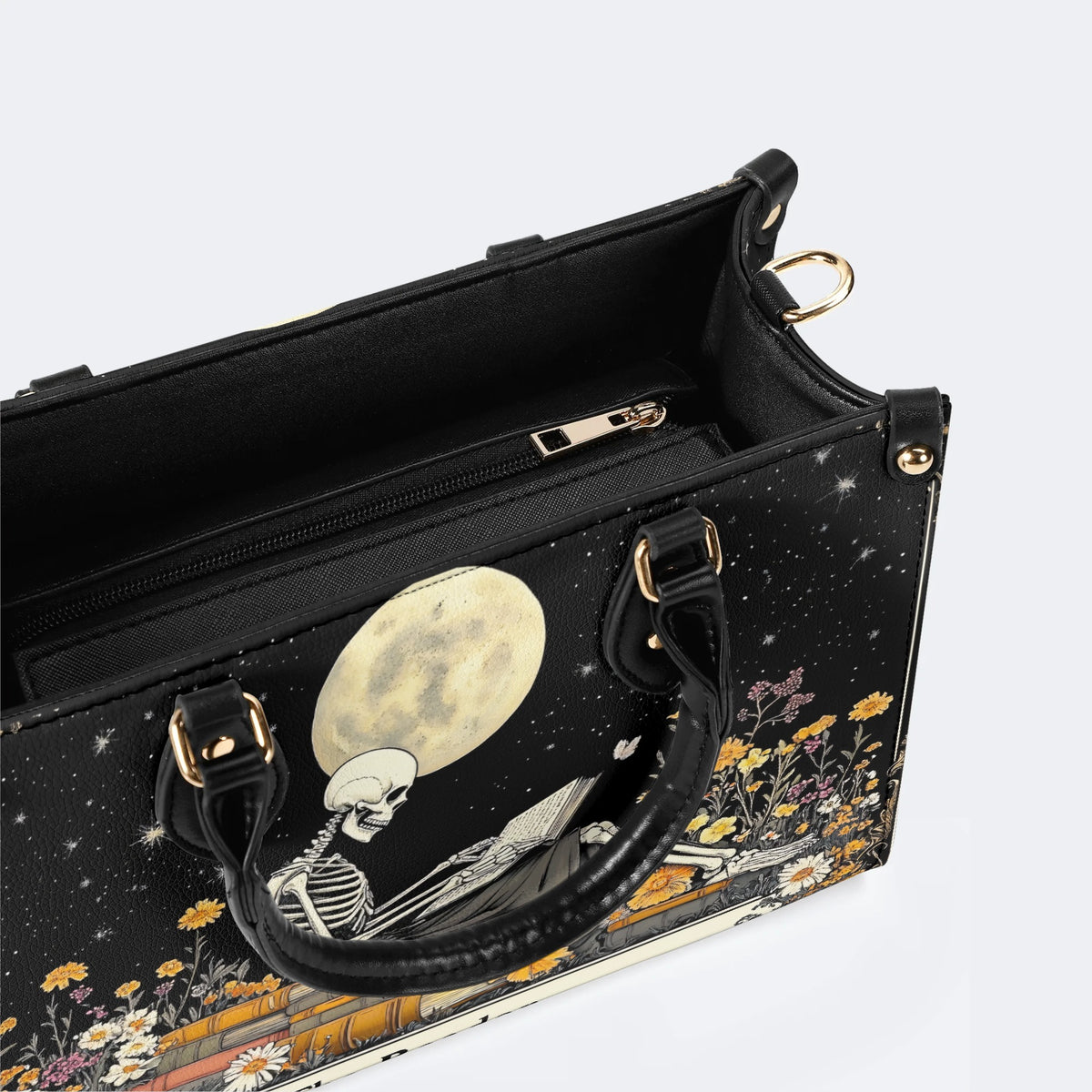 Skeleton Reading A Book Among Flowers - Leather Handbag