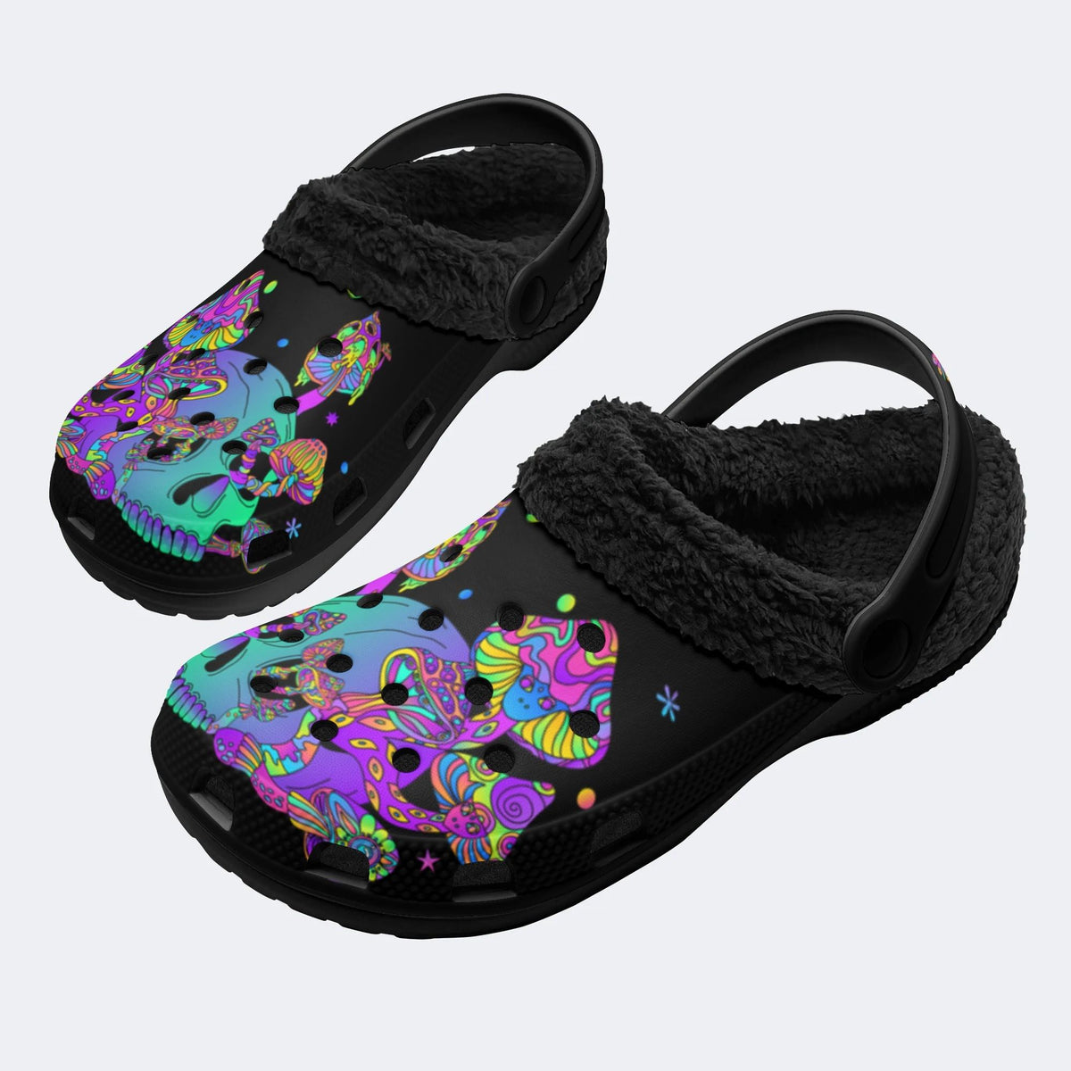 Trippy Mushroom Skull Print - Fur Lined Slippers/Sandals